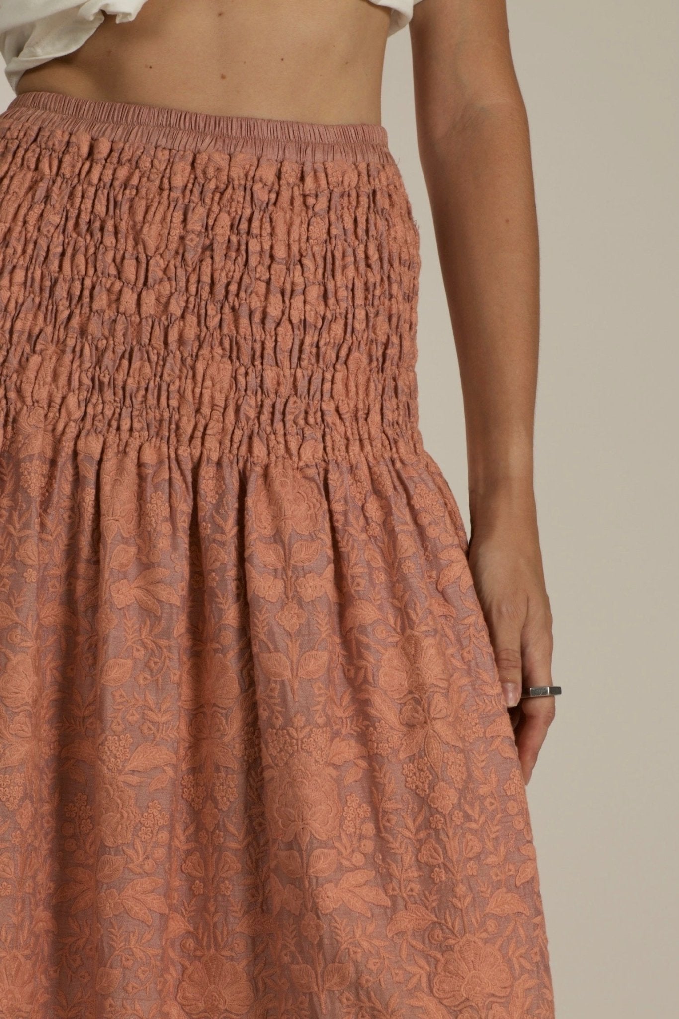 PEACH SILK EMBROIDERED SKIRT DRESS LISA - BANGKOK TAILOR CLOTHING STORE - HANDMADE CLOTHING