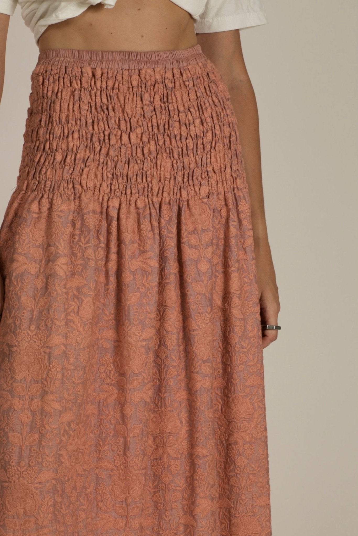 PEACH SILK EMBROIDERED SKIRT DRESS LISA - BANGKOK TAILOR CLOTHING STORE - HANDMADE CLOTHING