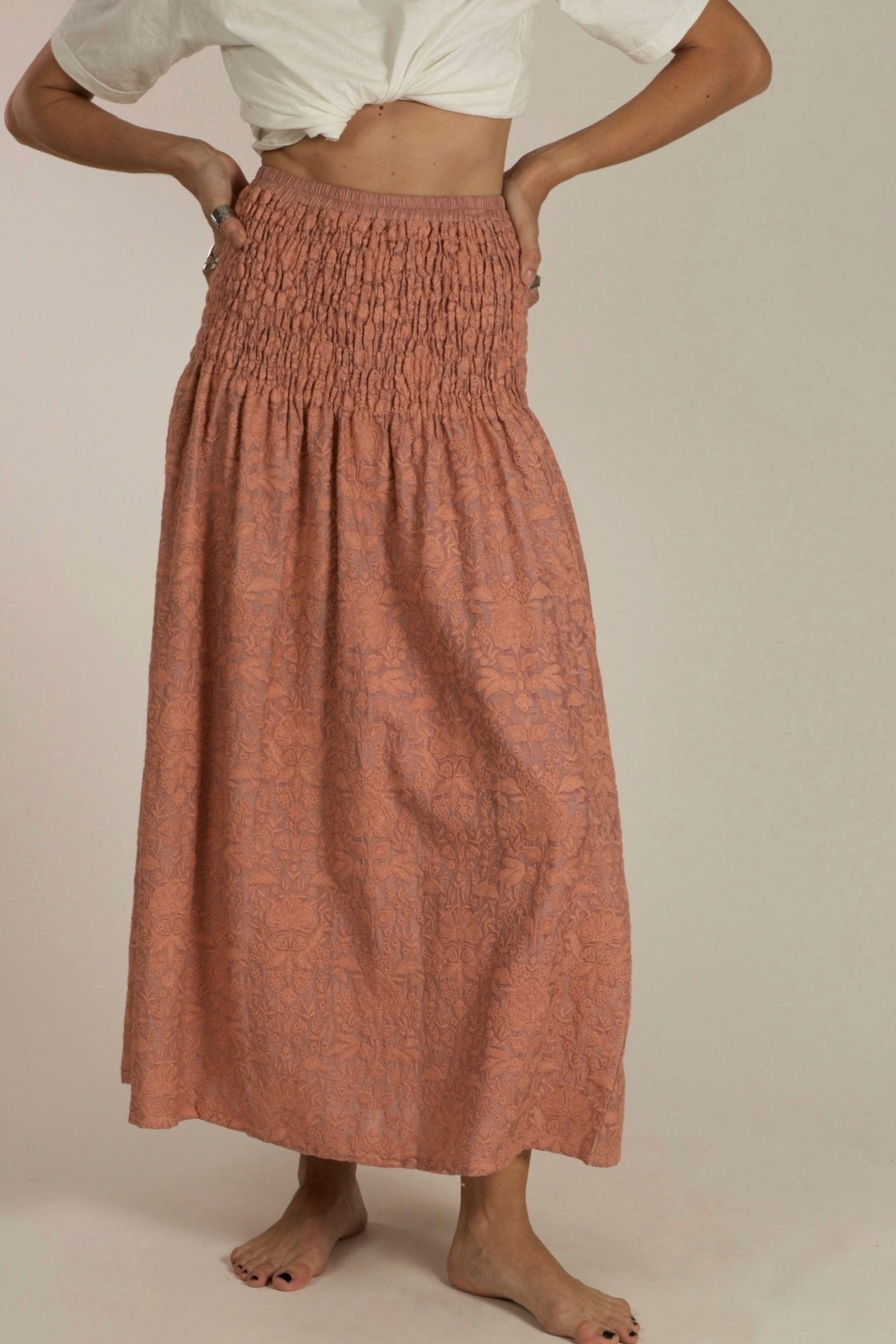 PEACH SILK EMBROIDERED SKIRT DRESS LISA - BANGKOK TAILOR CLOTHING STORE - HANDMADE CLOTHING