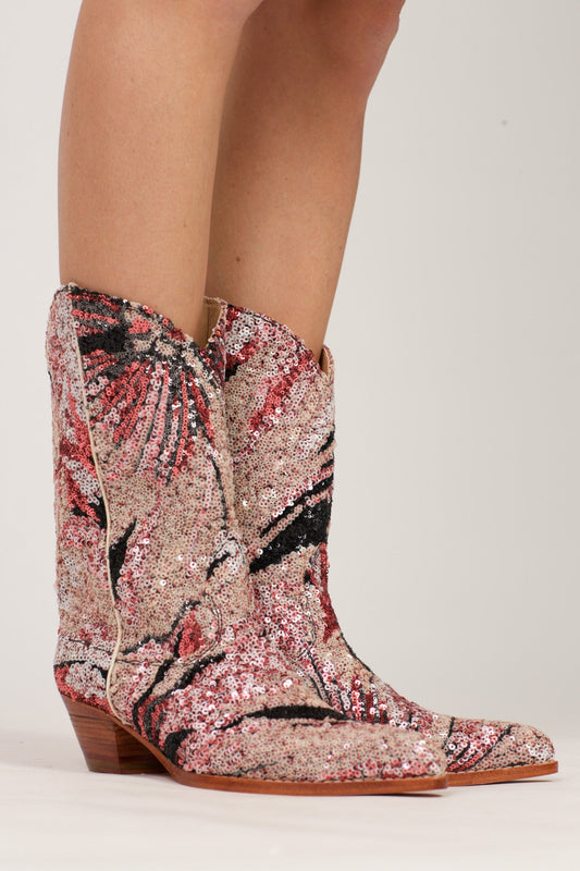 PINK BLACK SEQUIN EMBROIDERED WESTERN BOOTS RIAL - BANGKOK TAILOR CLOTHING STORE - HANDMADE CLOTHING