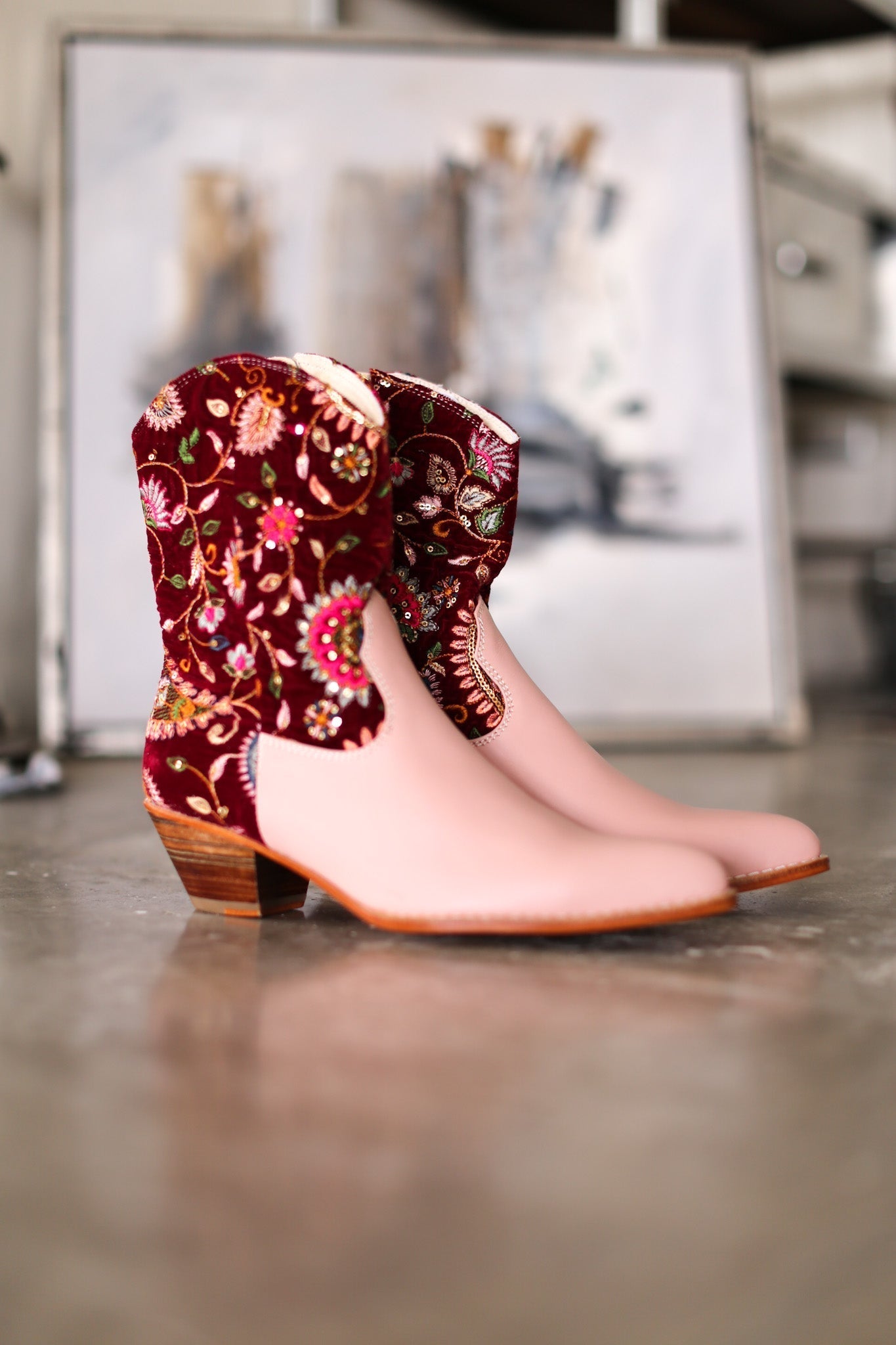 PINK EMBROIDERED VELVET BOOTS DAISY - BANGKOK TAILOR CLOTHING STORE - HANDMADE CLOTHING