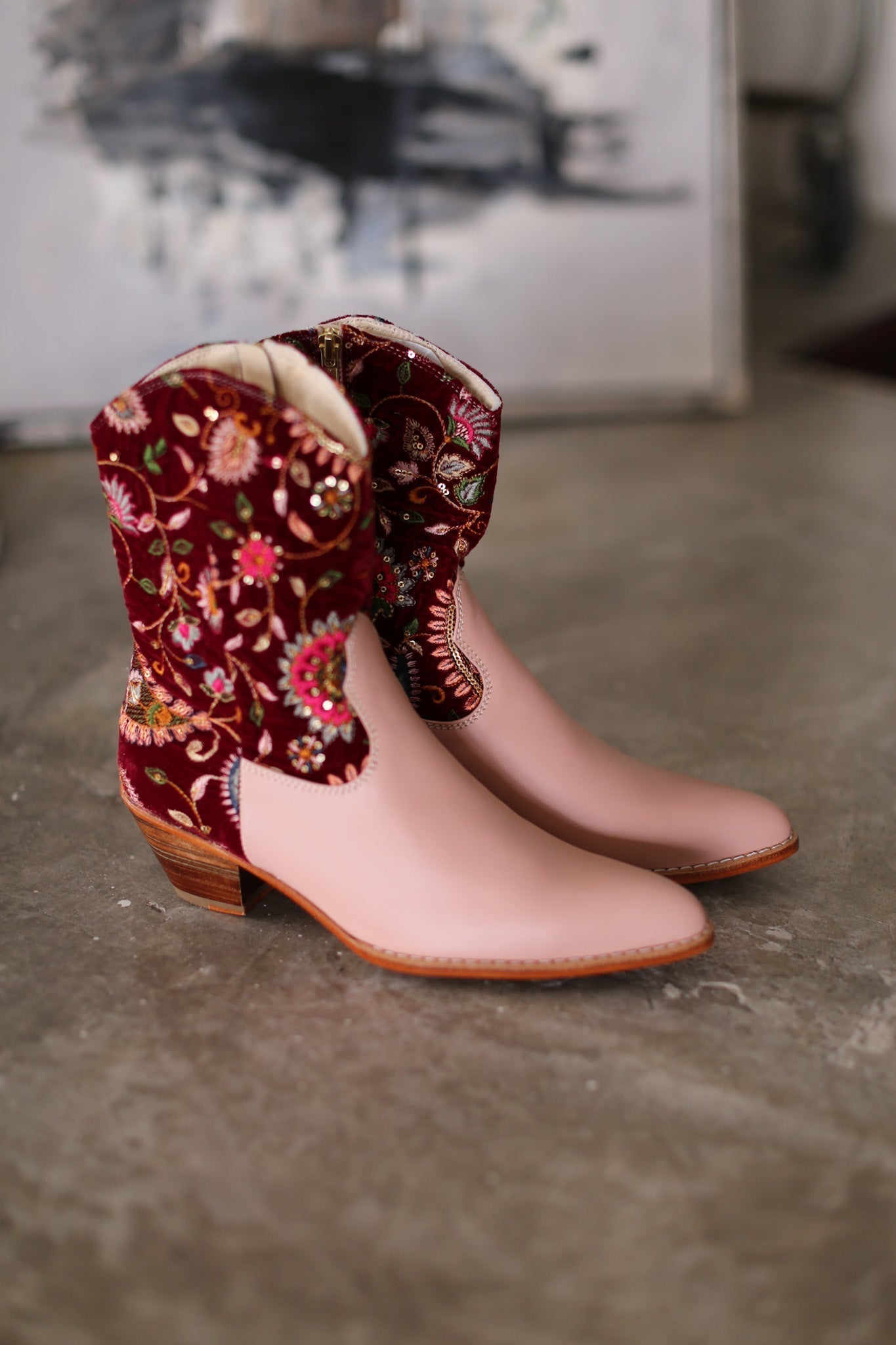 PINK EMBROIDERED VELVET BOOTS DAISY - BANGKOK TAILOR CLOTHING STORE - HANDMADE CLOTHING