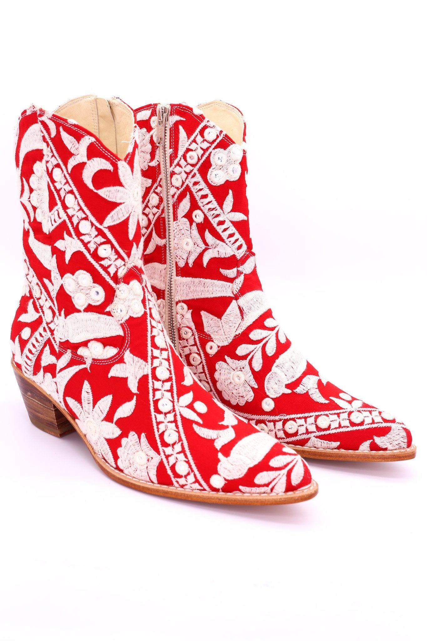 RED EMBROIDERED ANKLE BOOTS MARA - BANGKOK TAILOR CLOTHING STORE - HANDMADE CLOTHING