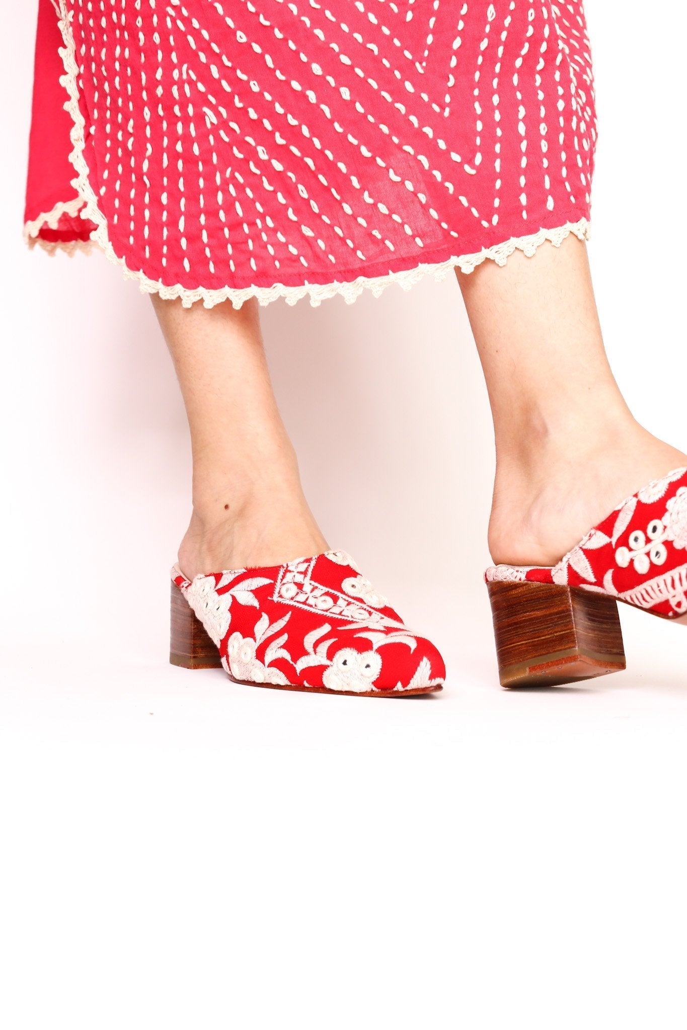 RED EMBROIDERED HEELED MULES - BANGKOK TAILOR CLOTHING STORE - HANDMADE CLOTHING