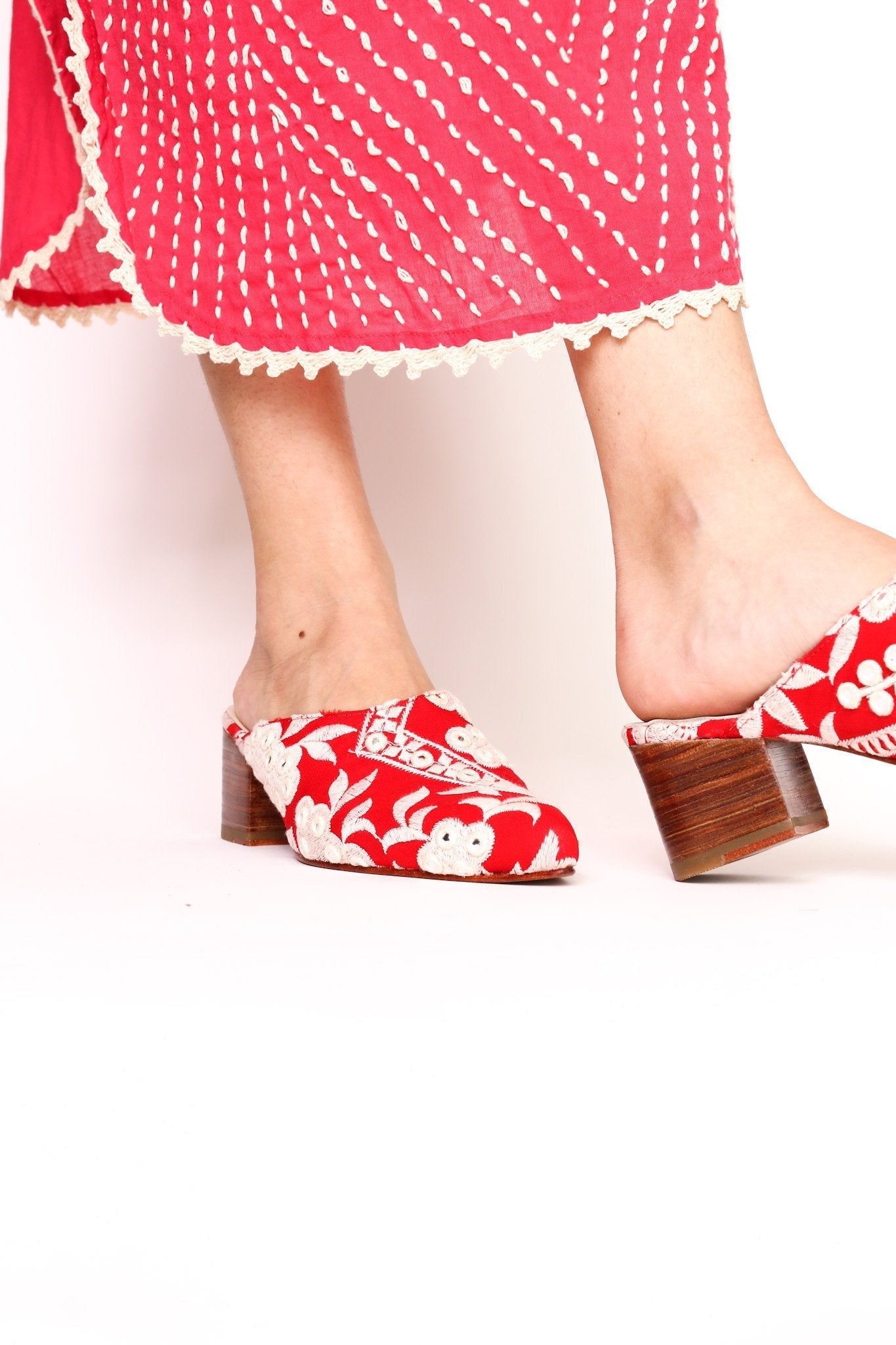 RED EMBROIDERED HEELED MULES - BANGKOK TAILOR CLOTHING STORE - HANDMADE CLOTHING