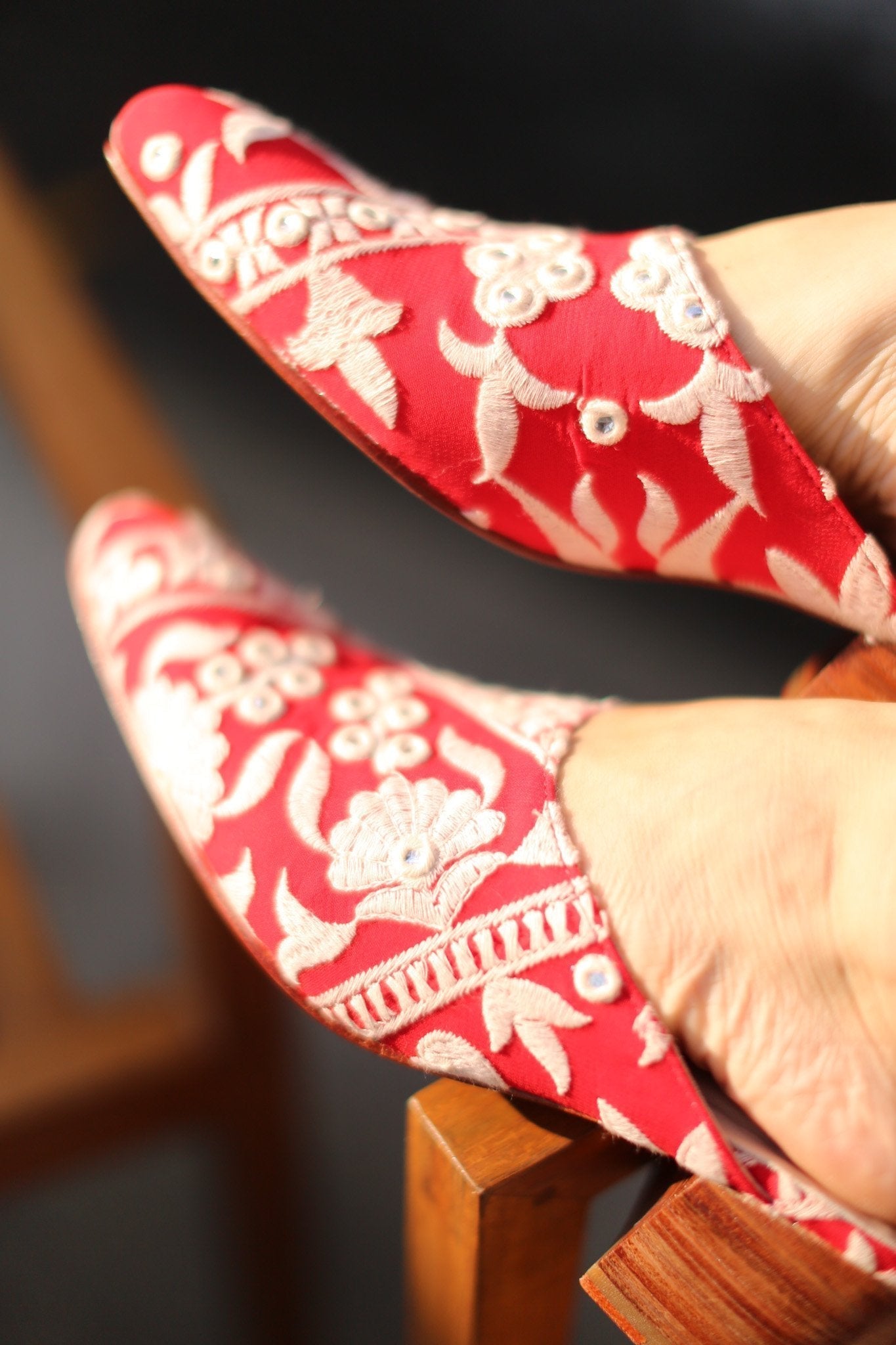 RED EMBROIDERED HEELED MULES - BANGKOK TAILOR CLOTHING STORE - HANDMADE CLOTHING