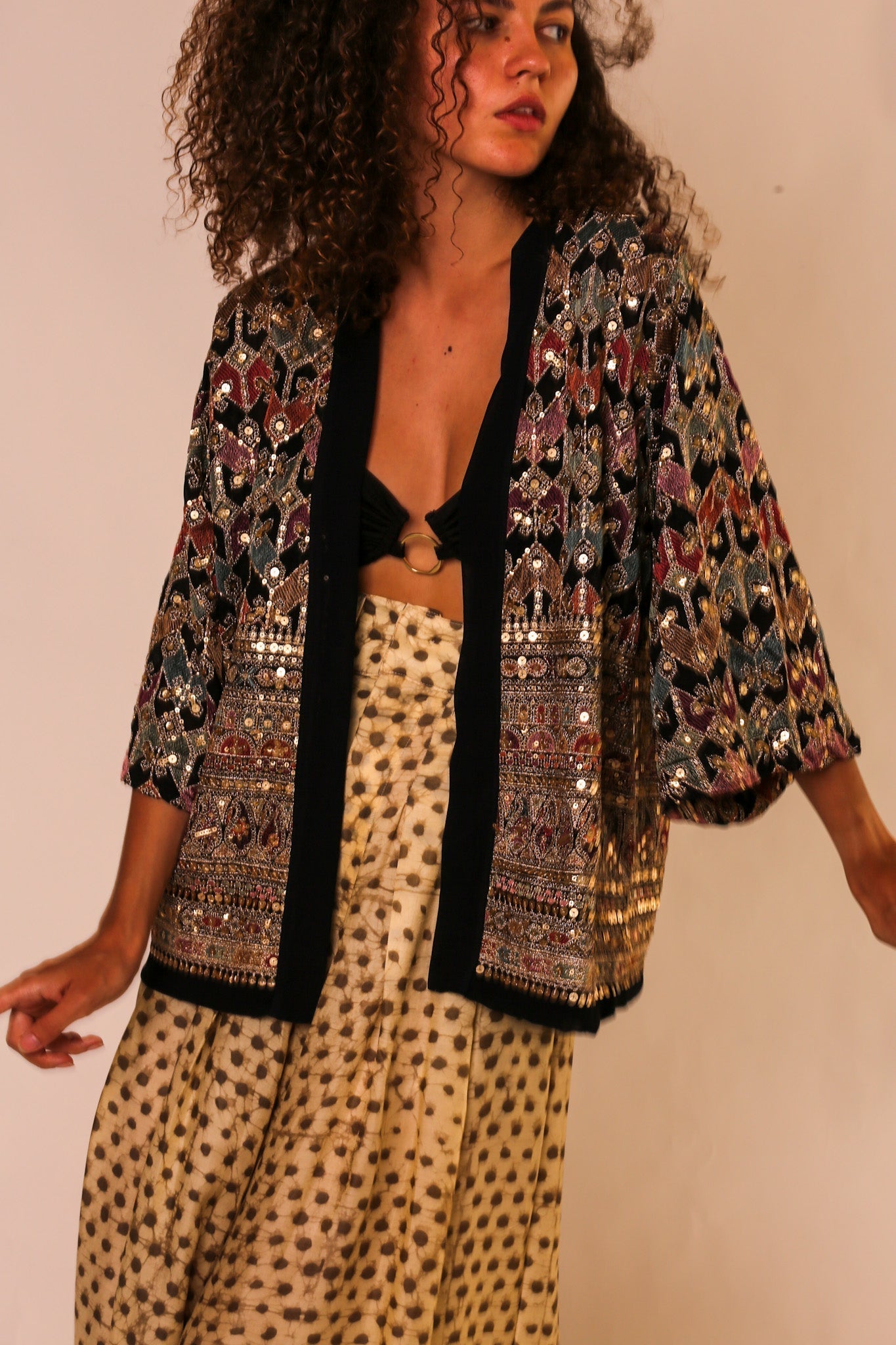 SEQUIN EMBELLISHED CHIFFON SILK SHORT KIMONO - BANGKOK TAILOR CLOTHING STORE - HANDMADE CLOTHING