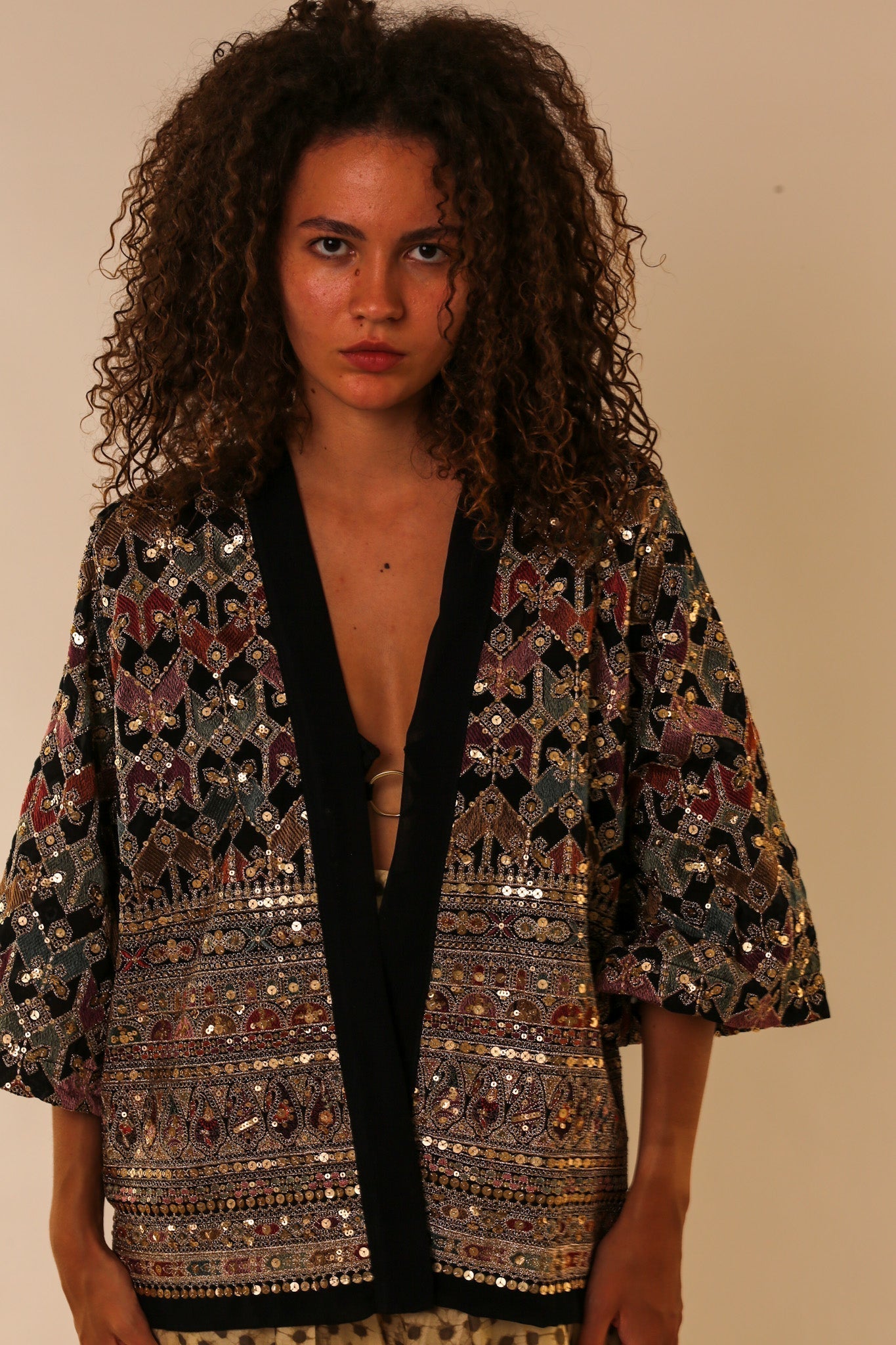 SEQUIN EMBELLISHED CHIFFON SILK SHORT KIMONO - BANGKOK TAILOR CLOTHING STORE - HANDMADE CLOTHING