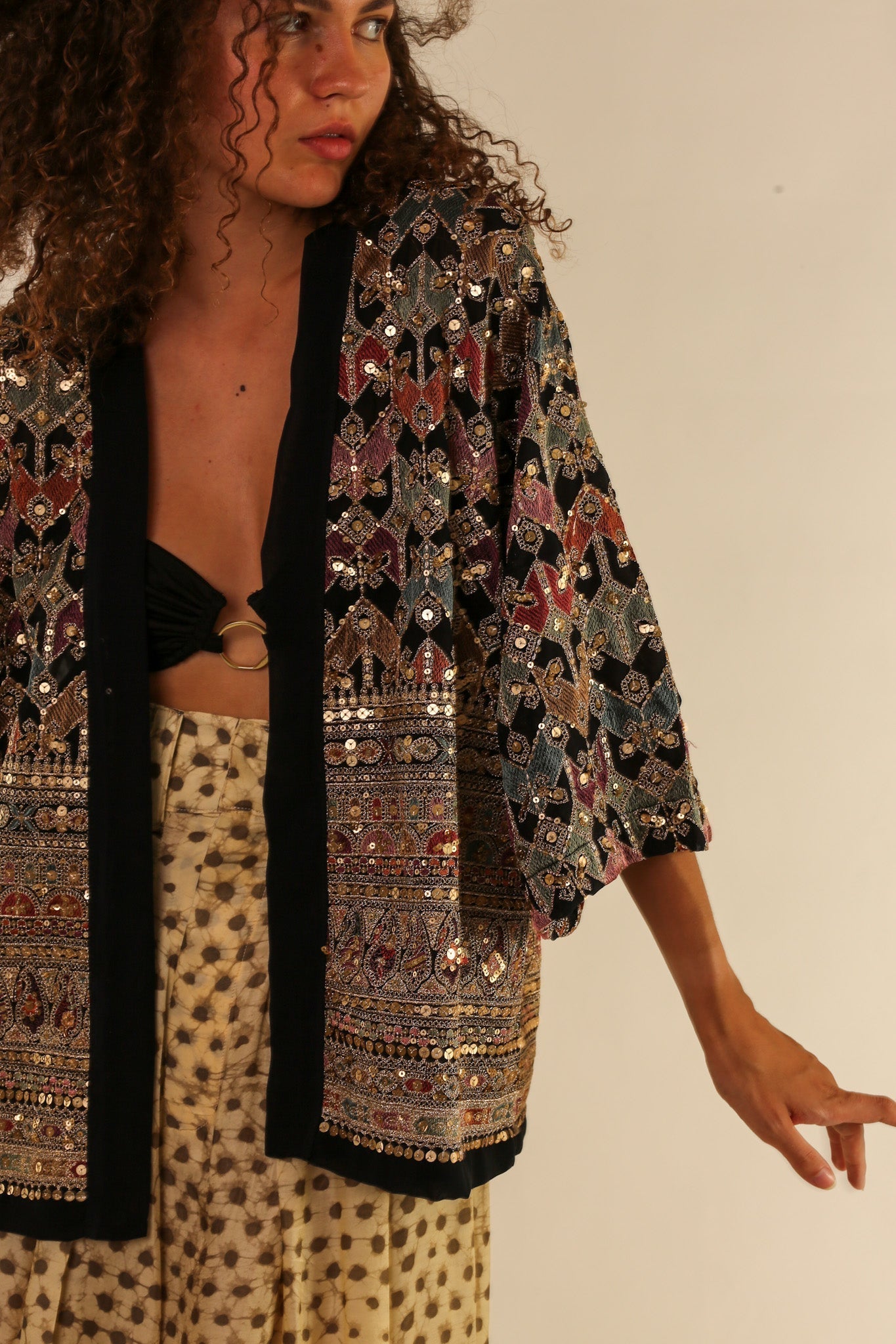 SEQUIN EMBELLISHED CHIFFON SILK SHORT KIMONO - BANGKOK TAILOR CLOTHING STORE - HANDMADE CLOTHING