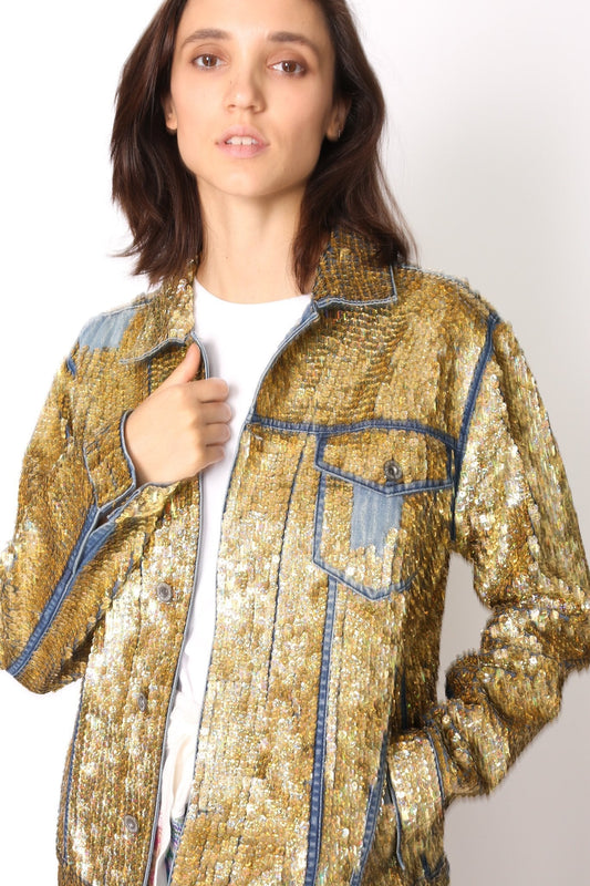 SEQUIN EMBROIDERED DENIM JACKET DEMI X FREE PEOPLE - BANGKOK TAILOR CLOTHING STORE - HANDMADE CLOTHING
