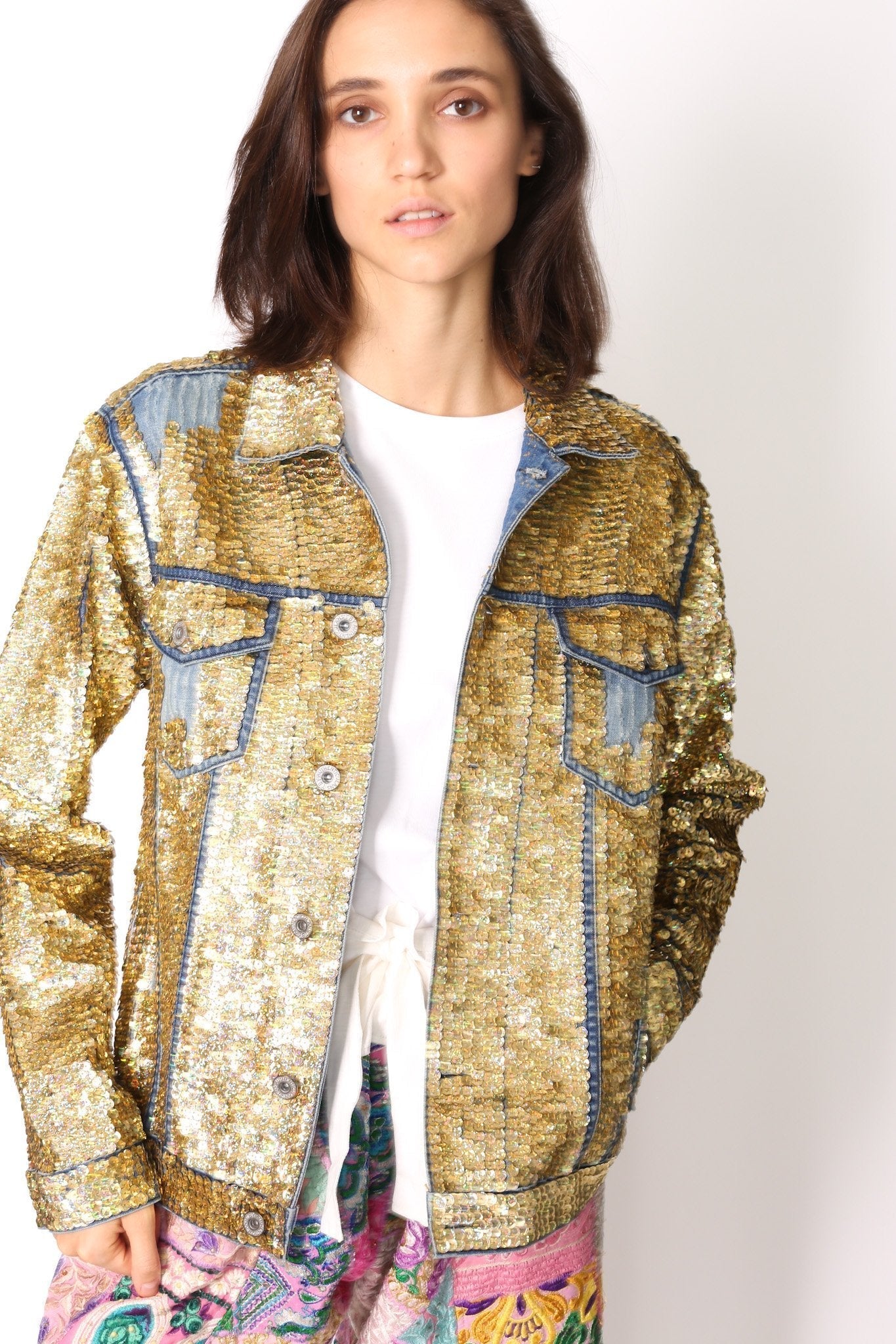 SEQUIN EMBROIDERED DENIM JACKET DEMI X FREE PEOPLE - BANGKOK TAILOR CLOTHING STORE - HANDMADE CLOTHING