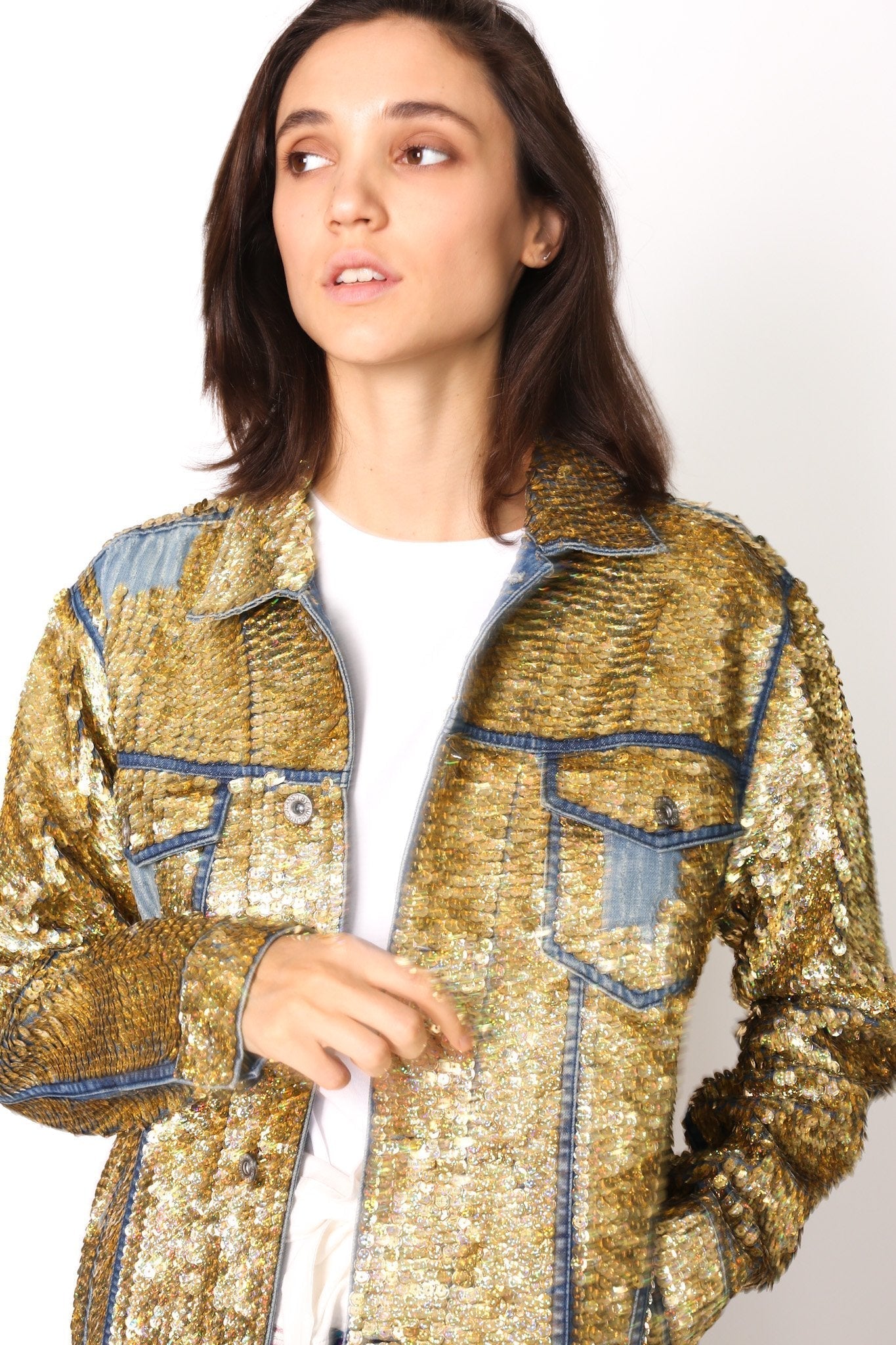 SEQUIN EMBROIDERED DENIM JACKET DEMI X FREE PEOPLE - BANGKOK TAILOR CLOTHING STORE - HANDMADE CLOTHING