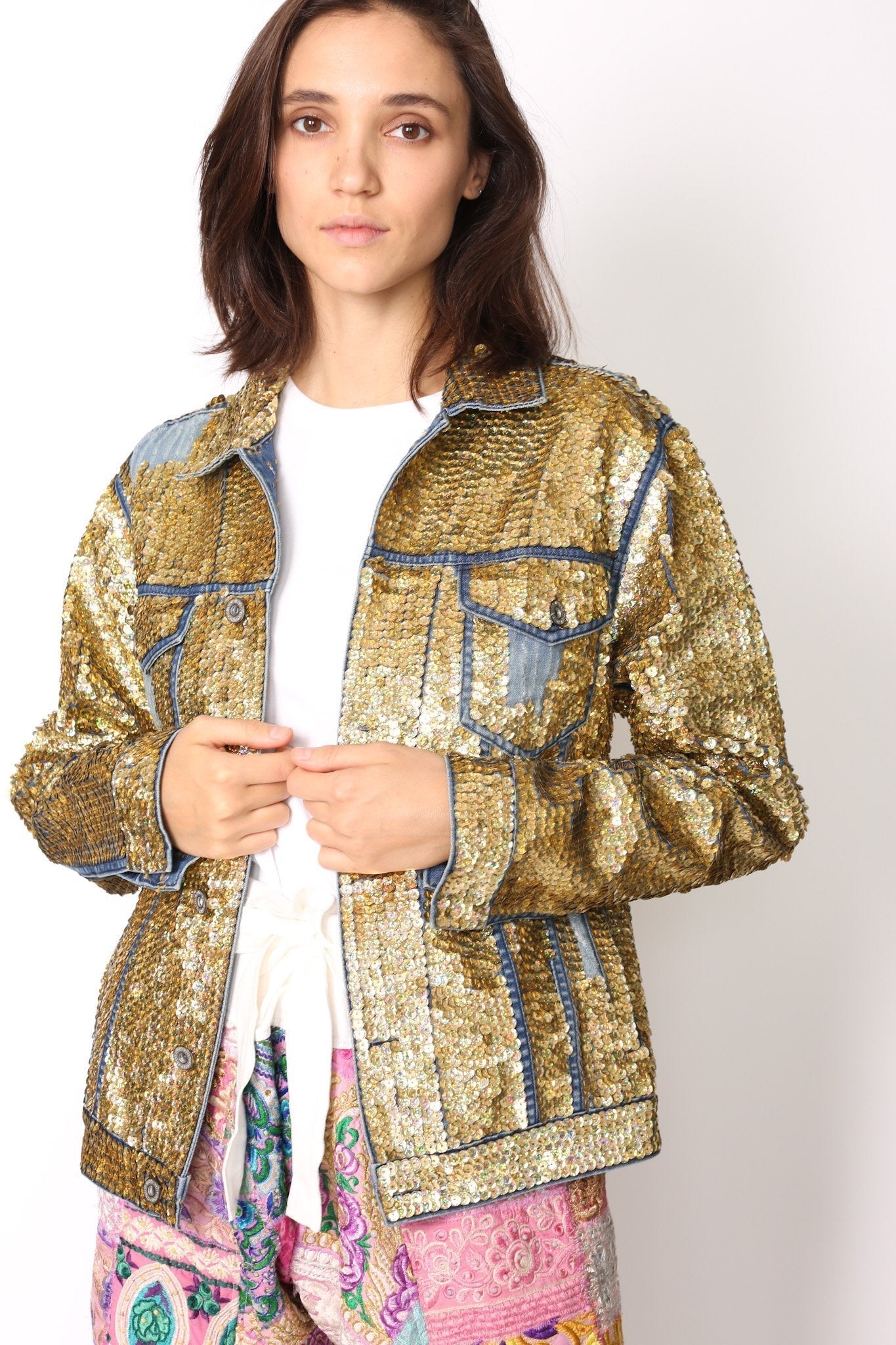 SEQUIN EMBROIDERED DENIM JACKET (GOLD) - BANGKOK TAILOR CLOTHING STORE - HANDMADE CLOTHING