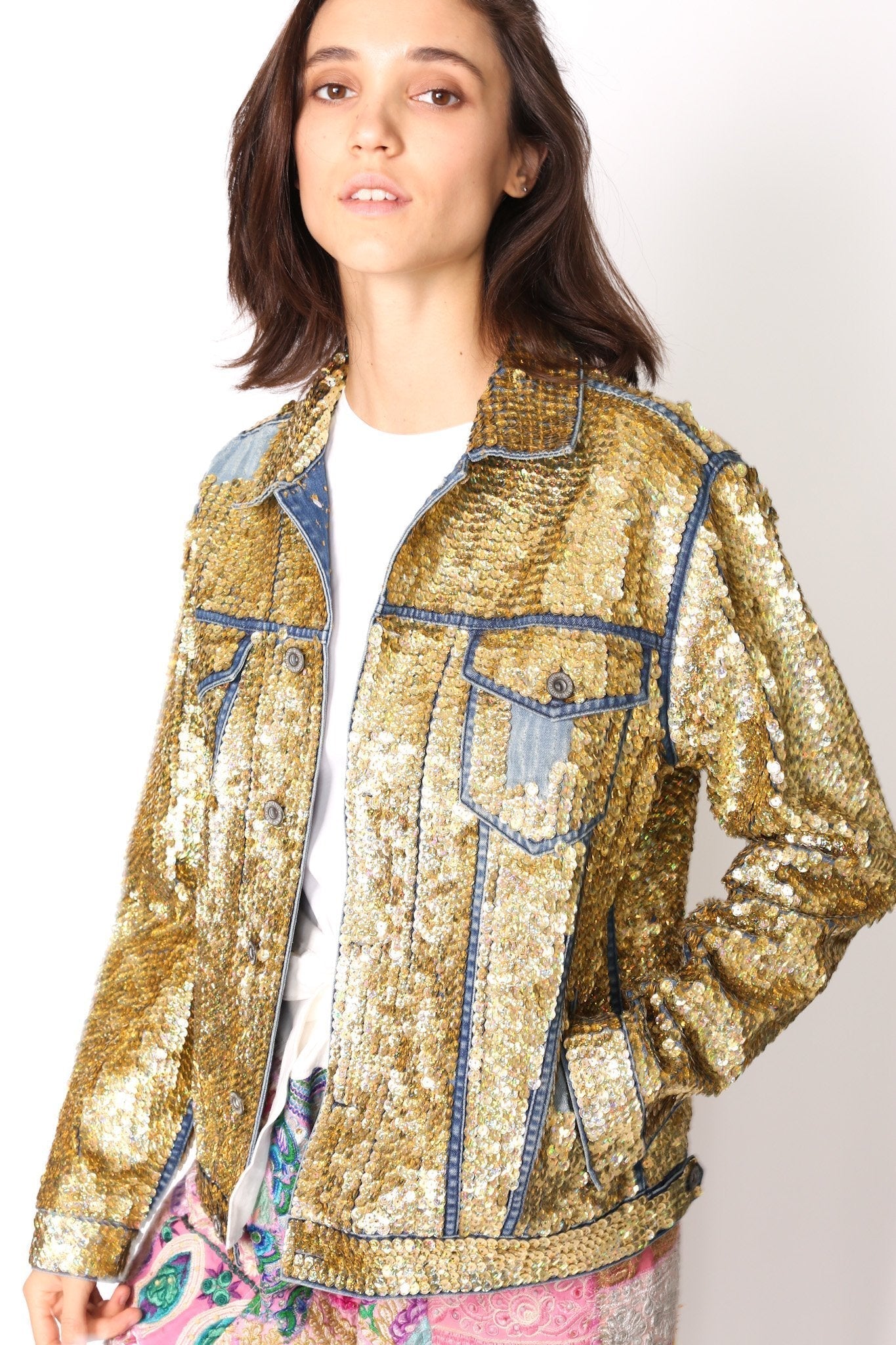 SEQUIN EMBROIDERED DENIM JACKET (GOLD) - BANGKOK TAILOR CLOTHING STORE - HANDMADE CLOTHING