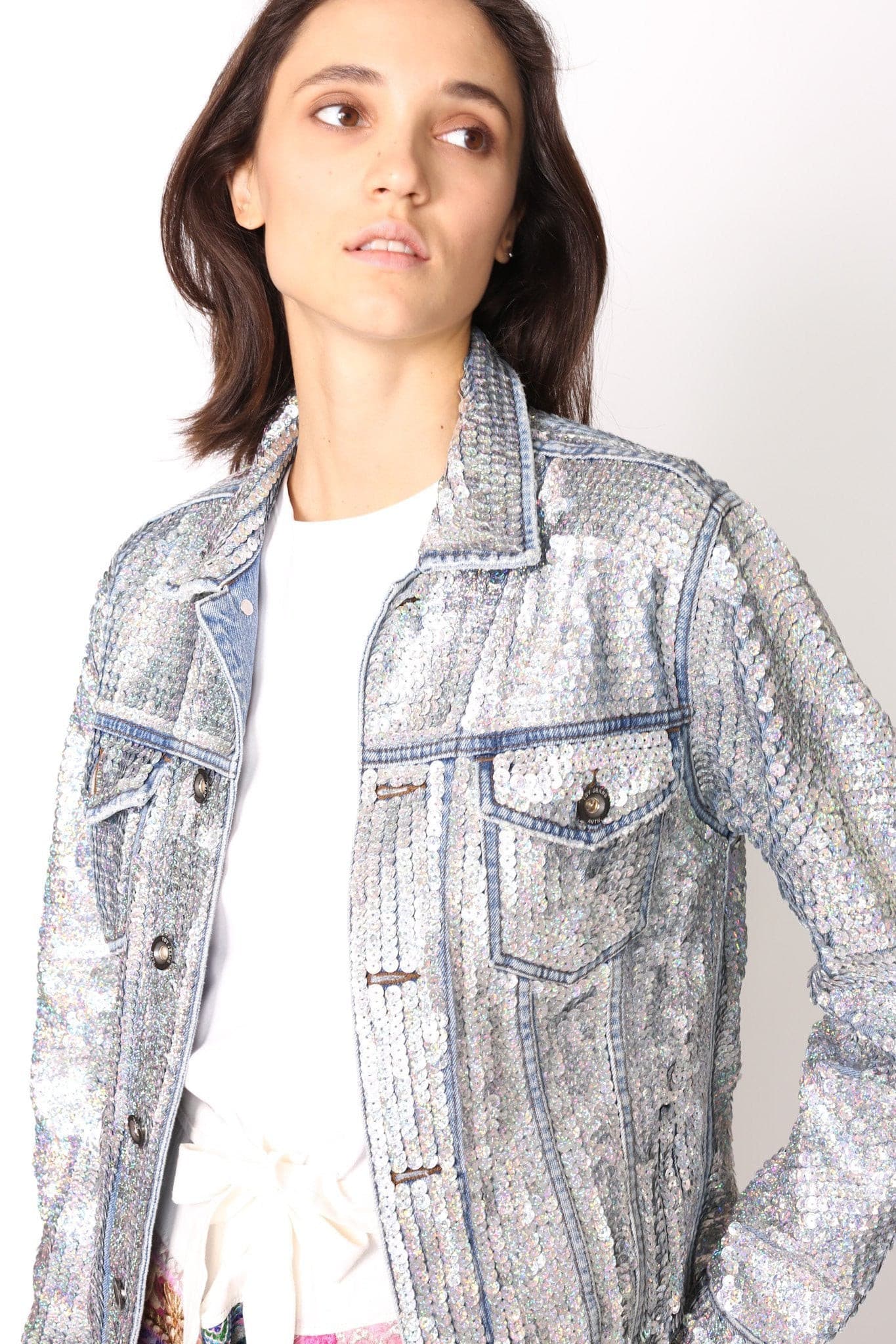 SEQUIN HAND EMBROIDERED DENIM JACKET DEMI (SILVER) - BANGKOK TAILOR CLOTHING STORE - HANDMADE CLOTHING