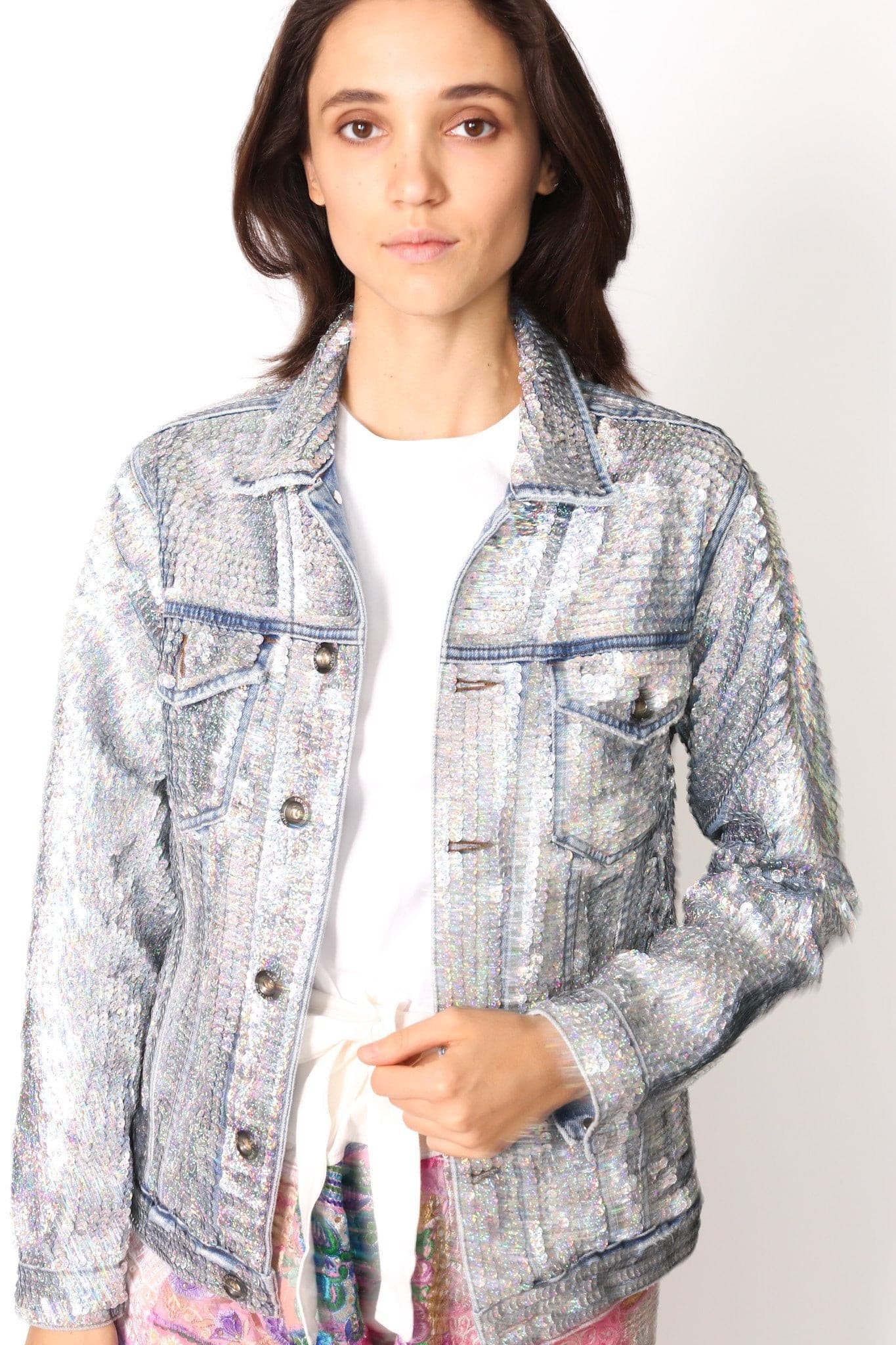 SEQUIN HAND EMBROIDERED DENIM JACKET DEMI (SILVER) - BANGKOK TAILOR CLOTHING STORE - HANDMADE CLOTHING