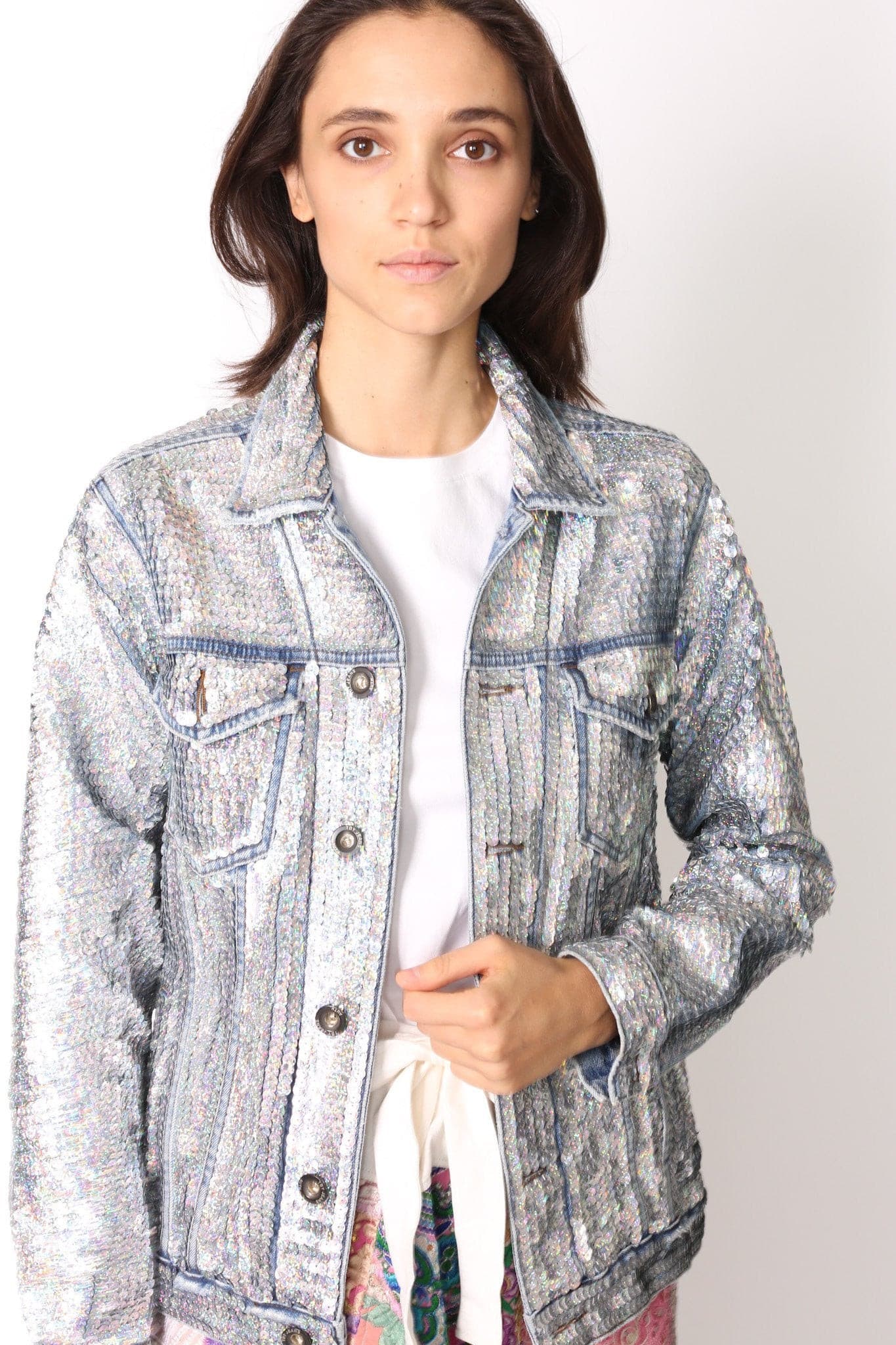 SEQUIN HAND EMBROIDERED DENIM JACKET DEMI (SILVER) - BANGKOK TAILOR CLOTHING STORE - HANDMADE CLOTHING