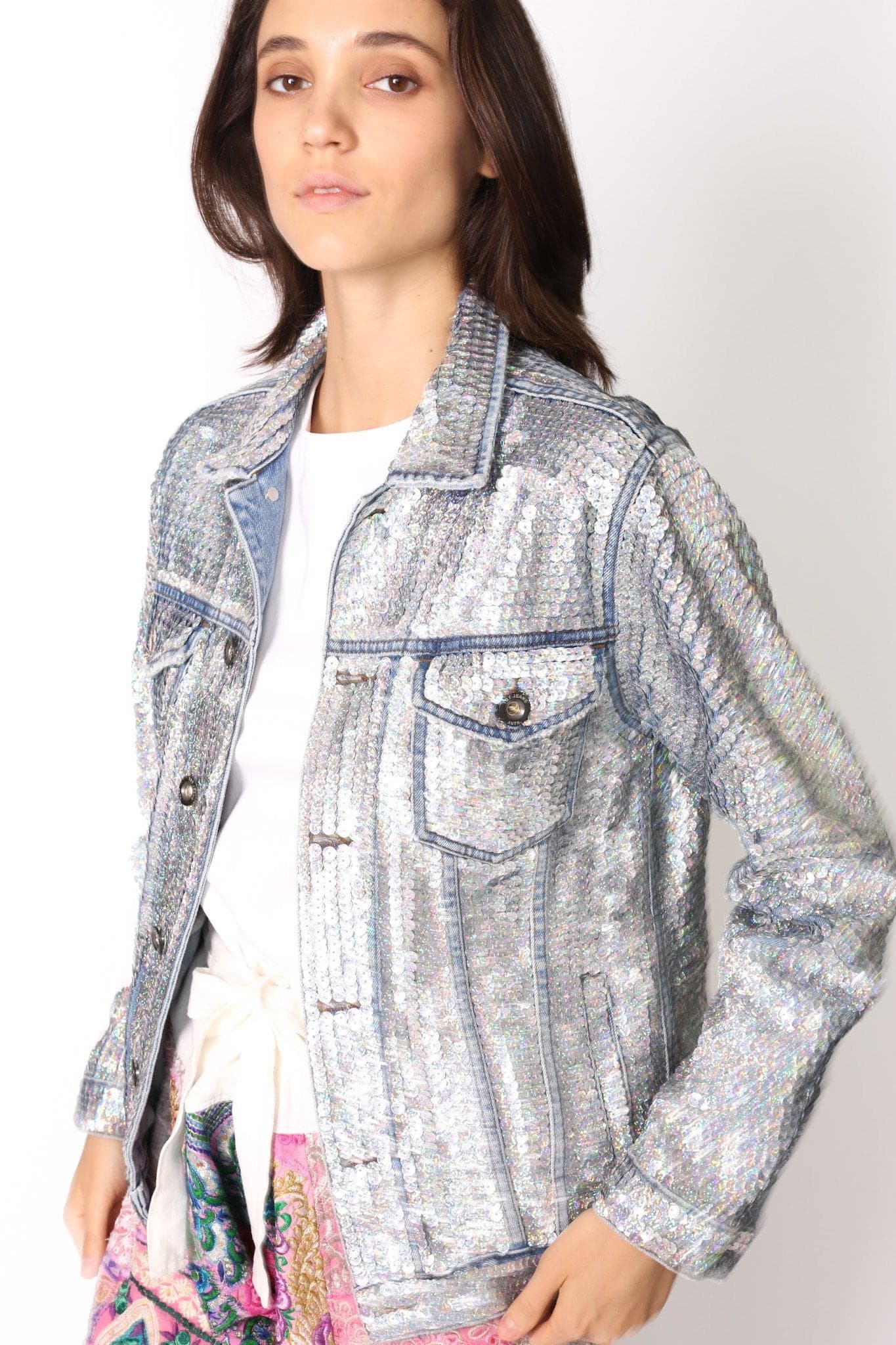 SEQUIN HAND EMBROIDERED DENIM JACKET DEMI (SILVER) - BANGKOK TAILOR CLOTHING STORE - HANDMADE CLOTHING