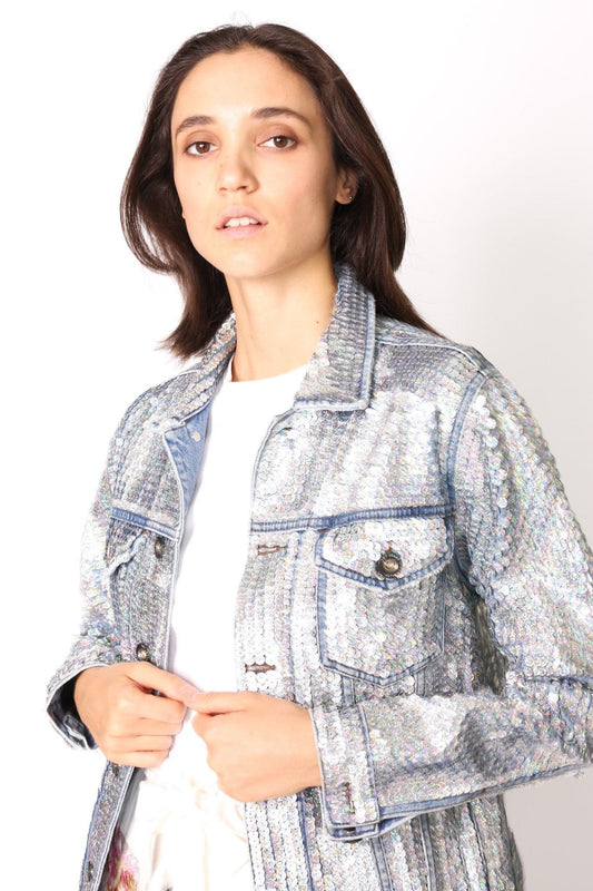 SEQUIN HAND EMBROIDERED DENIM JACKET DEMI (SILVER) - BANGKOK TAILOR CLOTHING STORE - HANDMADE CLOTHING
