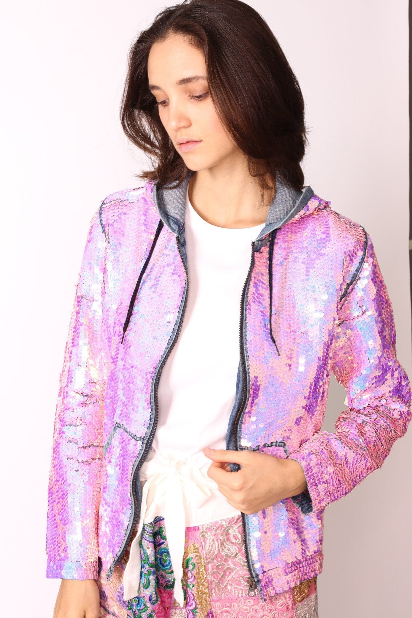 SEQUIN HOODIE DENIM JACKET - BANGKOK TAILOR CLOTHING STORE - HANDMADE CLOTHING