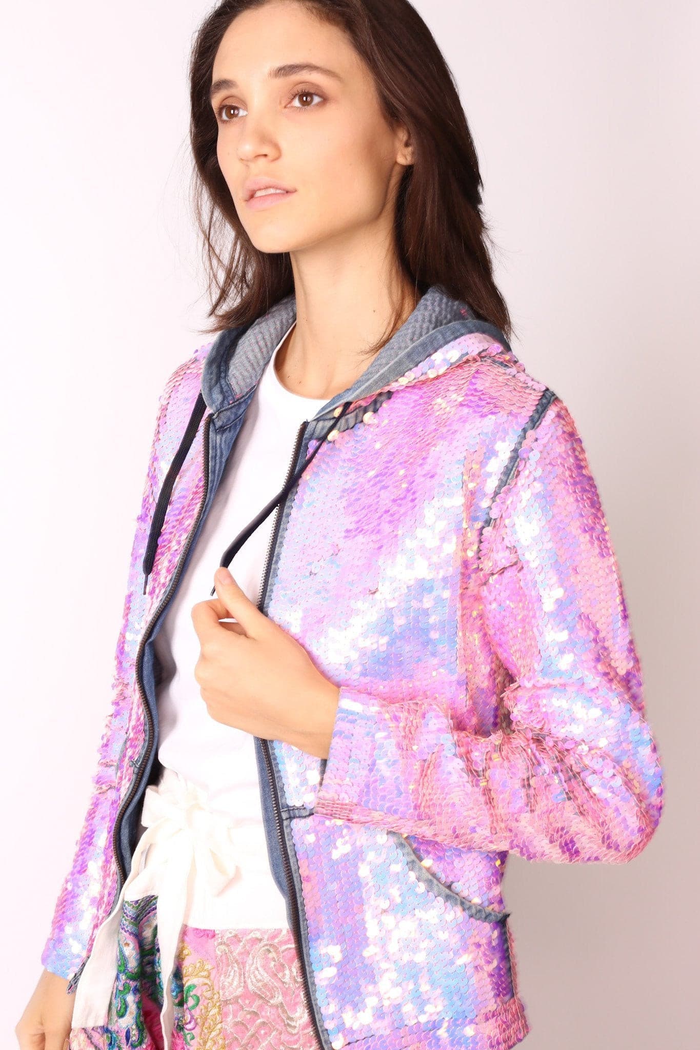 SEQUIN HOODIE DENIM JACKET - BANGKOK TAILOR CLOTHING STORE - HANDMADE CLOTHING