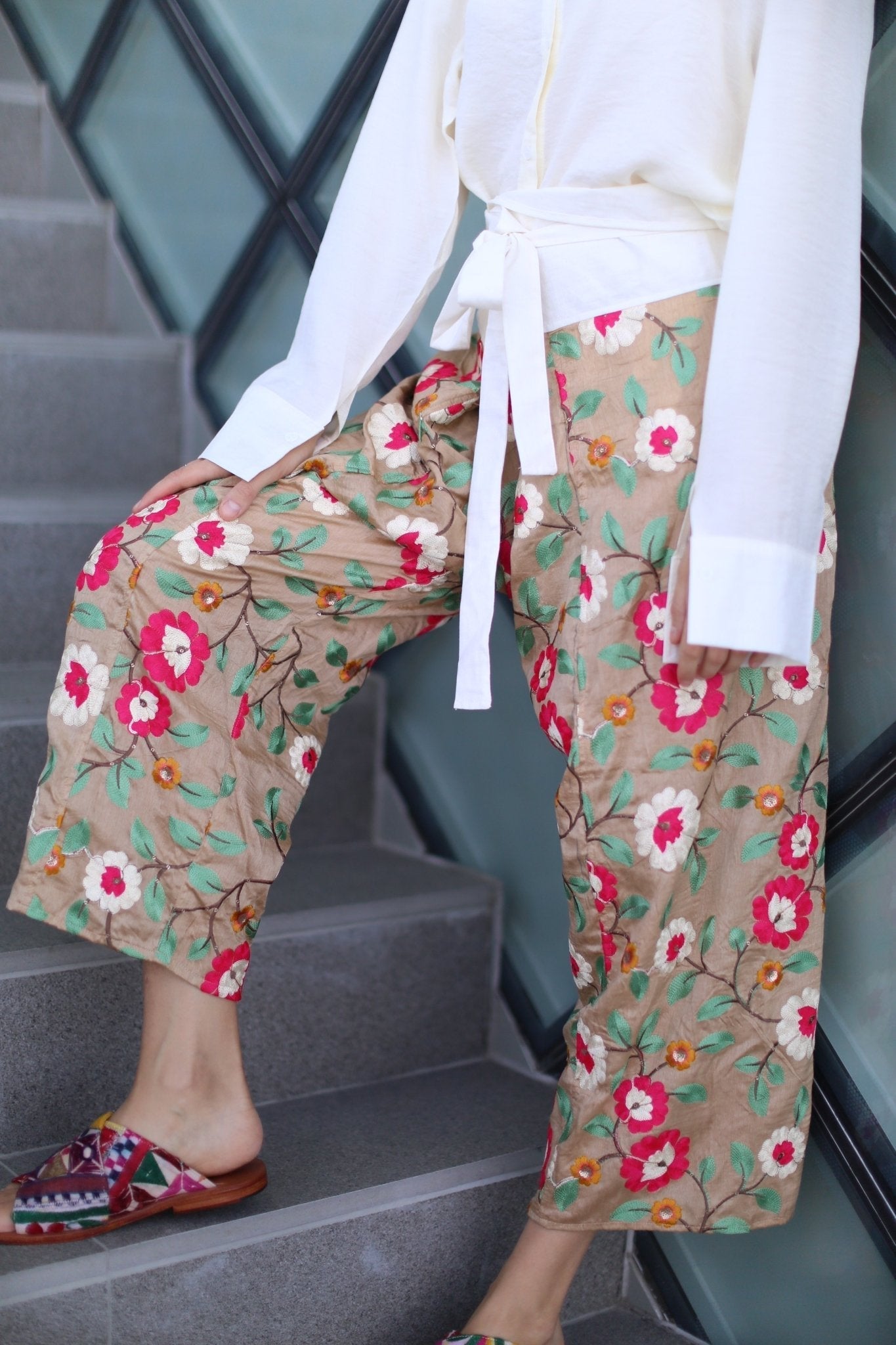 SILK EMBROIDERED FISHERMAN CROP WRAP TROUSERS GIGI - BANGKOK TAILOR CLOTHING STORE - HANDMADE CLOTHING