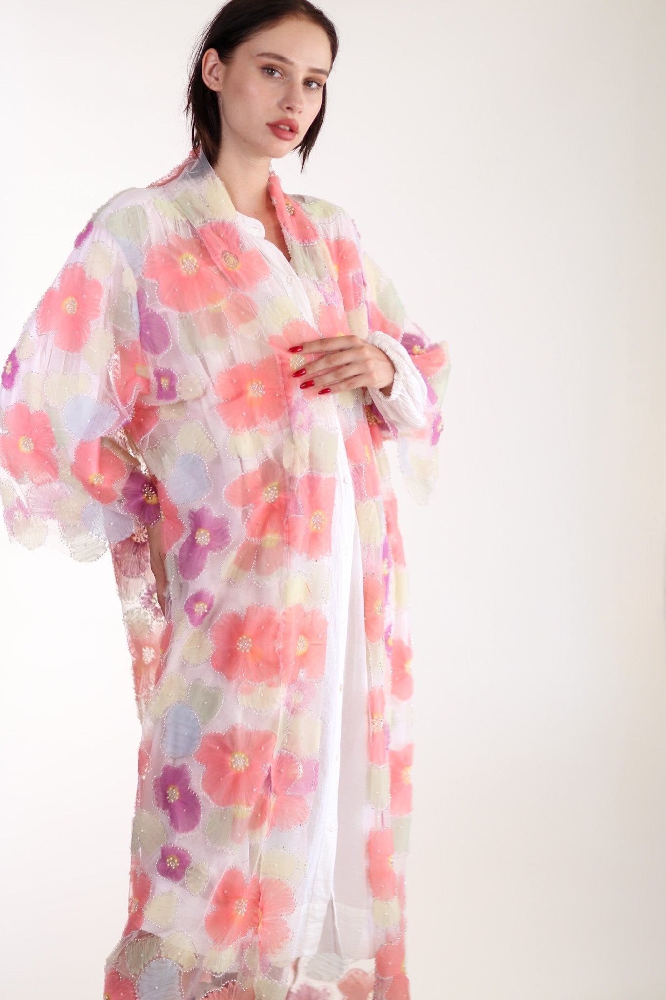 SILK FLOWER EMBELLISHED KIMONO ULISA - BANGKOK TAILOR CLOTHING STORE - HANDMADE CLOTHING