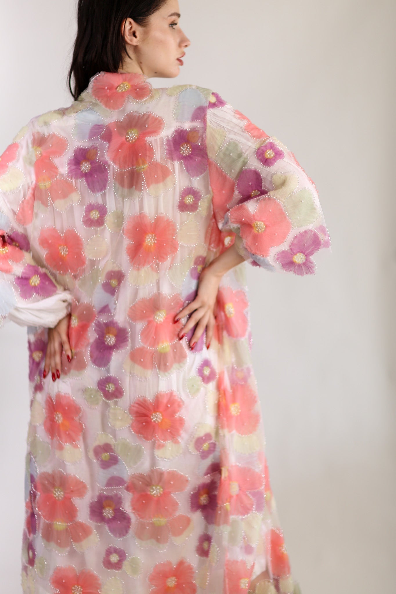 SILK FLOWER EMBELLISHED KIMONO ULISA - BANGKOK TAILOR CLOTHING STORE - HANDMADE CLOTHING