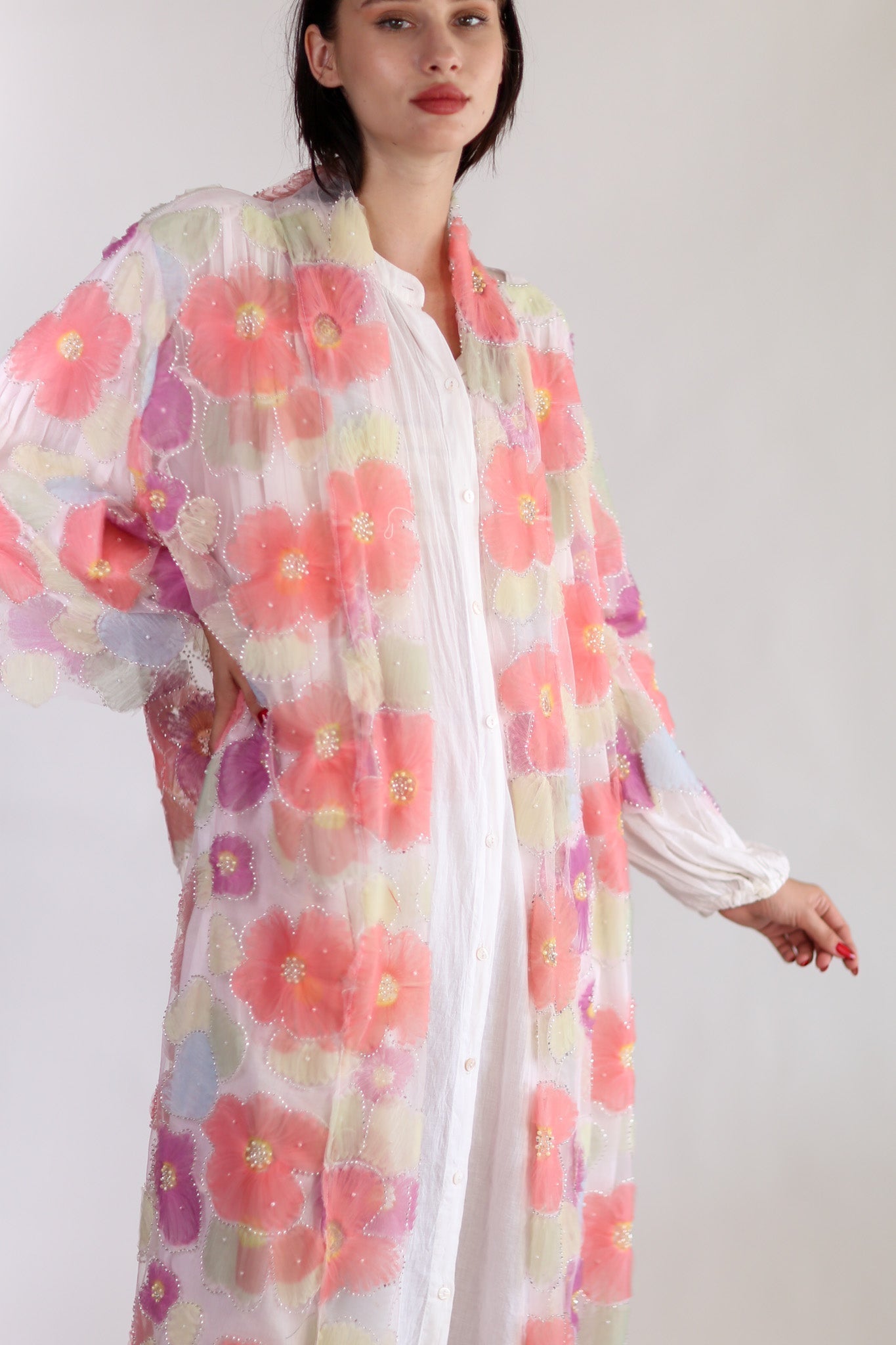 SILK FLOWER EMBELLISHED KIMONO ULISA - BANGKOK TAILOR CLOTHING STORE - HANDMADE CLOTHING