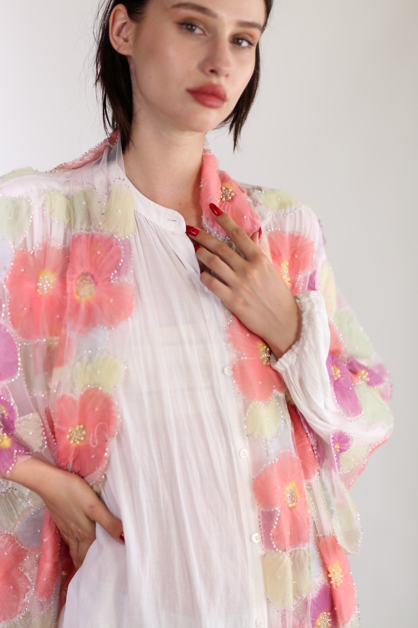 SILK FLOWER EMBELLISHED KIMONO ULISA - BANGKOK TAILOR CLOTHING STORE - HANDMADE CLOTHING