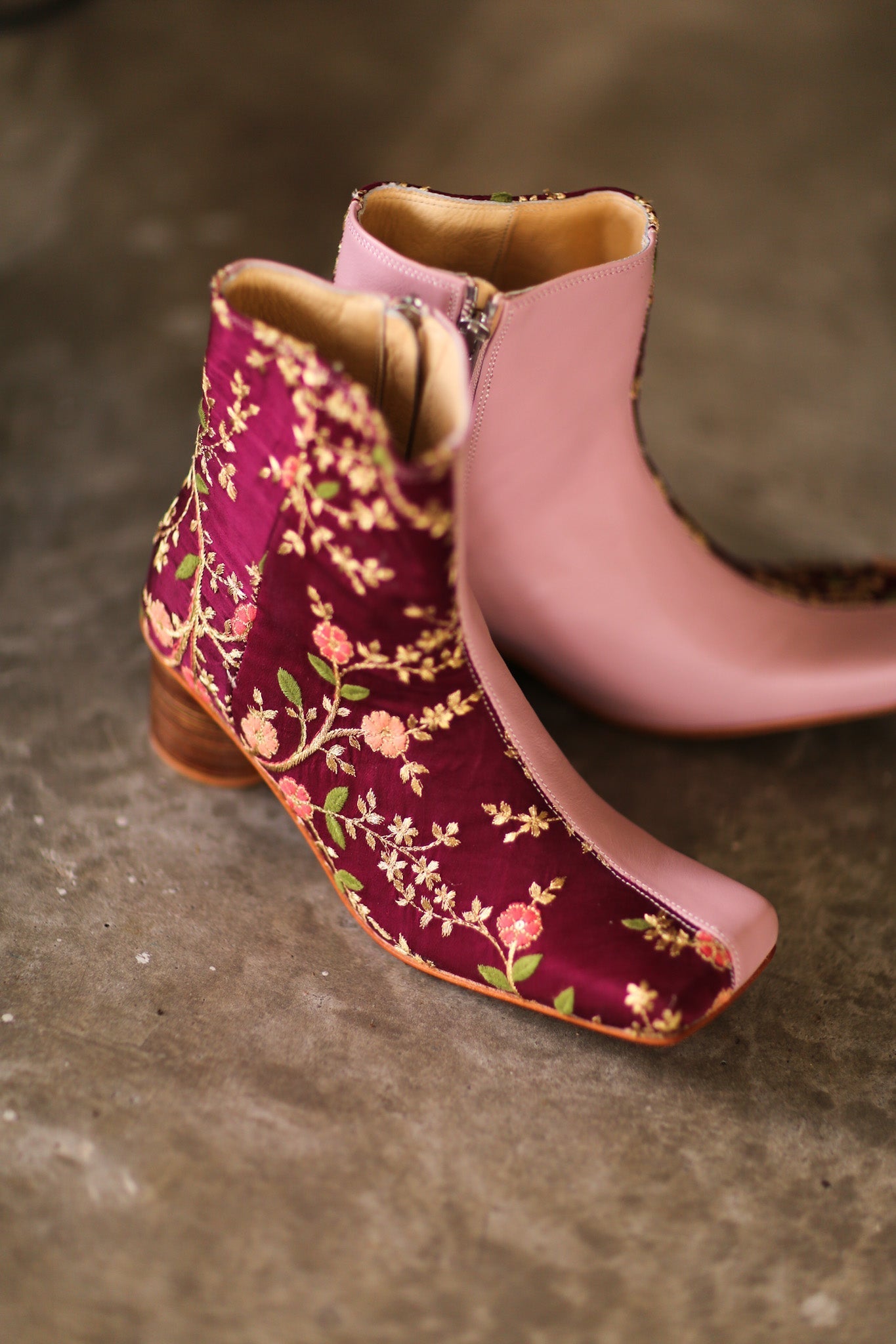 SPLIT FABRIC PINK LEATHER BOOTS MOANA - BANGKOK TAILOR CLOTHING STORE - HANDMADE CLOTHING