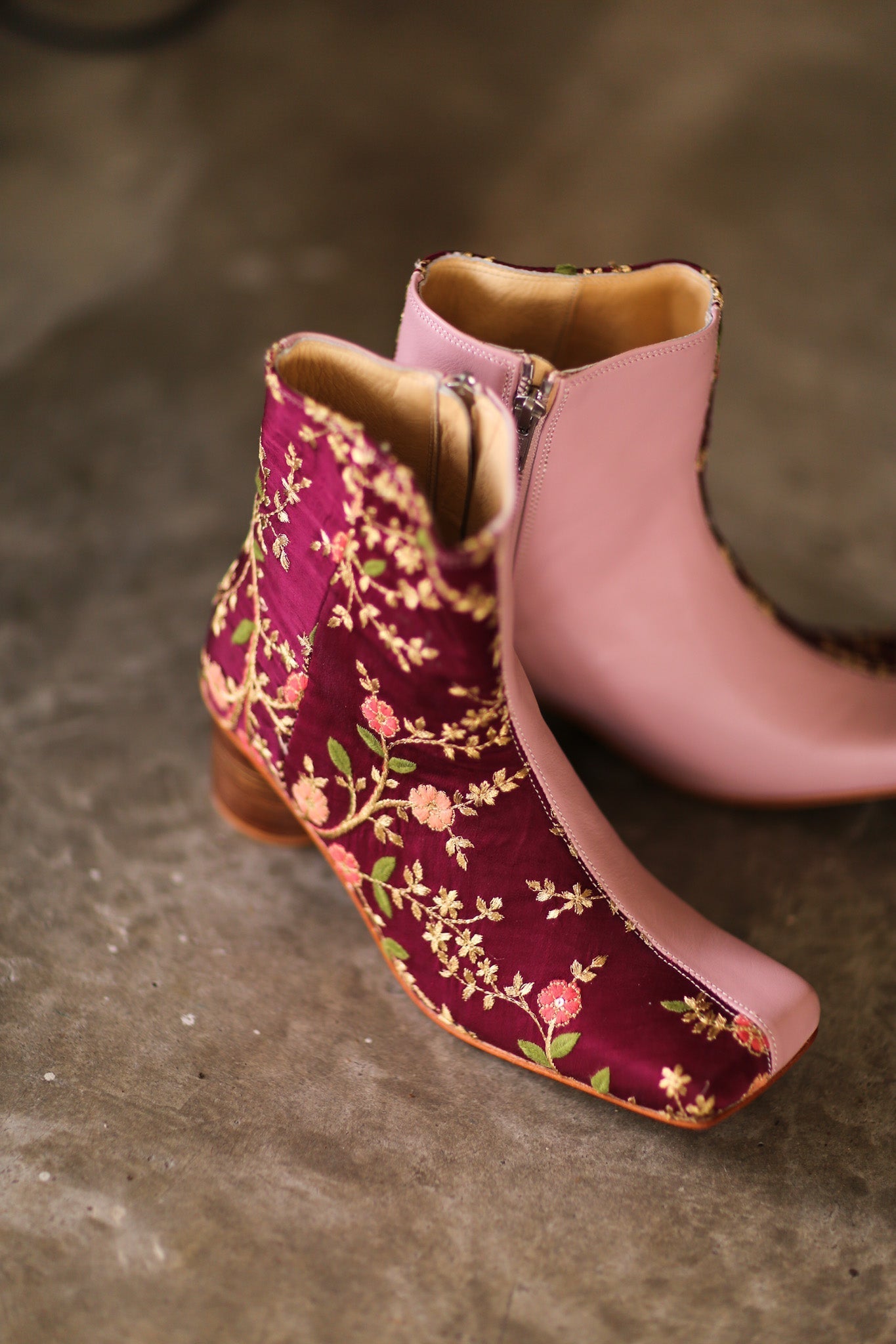 SPLIT FABRIC PINK LEATHER BOOTS MOANA - BANGKOK TAILOR CLOTHING STORE - HANDMADE CLOTHING