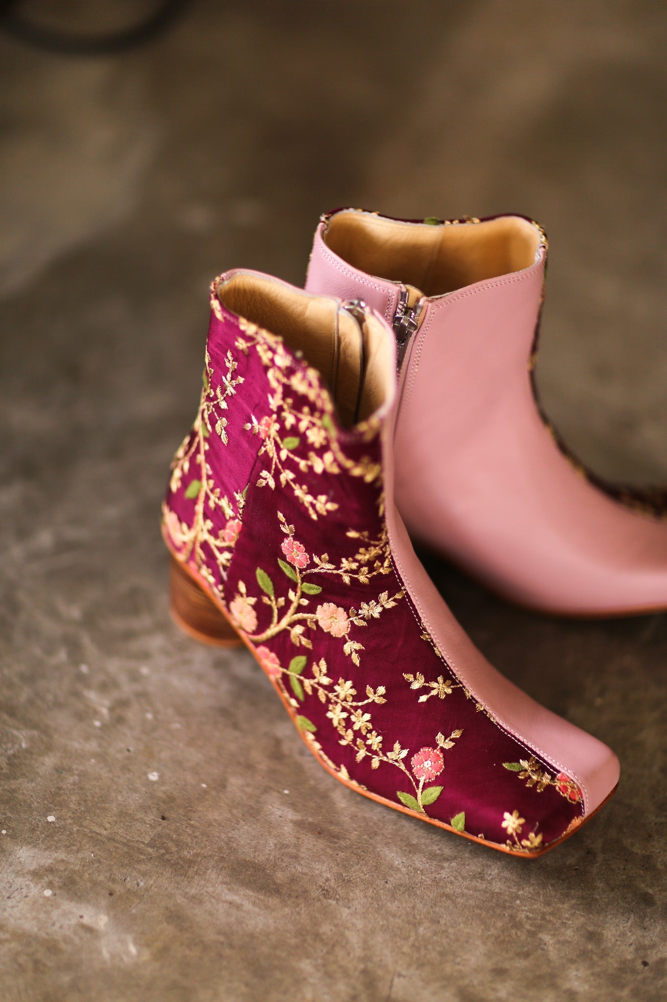 SPLIT FABRIC PINK LEATHER BOOTS MOANA - BANGKOK TAILOR CLOTHING STORE - HANDMADE CLOTHING