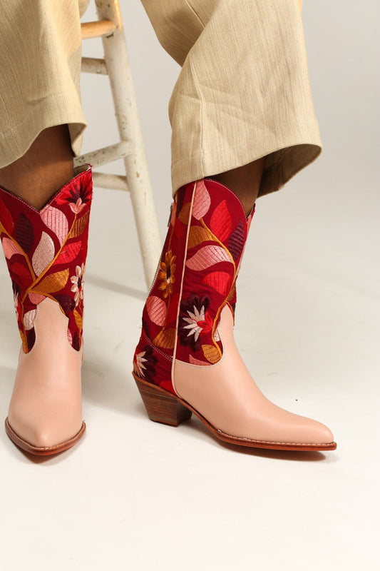 TENDER PINK FLOWER EMBROIDERED WESTERN BOOTS X ANTHROPOLOGIE - BANGKOK TAILOR CLOTHING STORE - HANDMADE CLOTHING