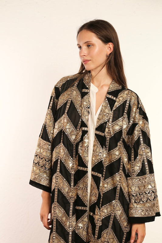 THALIA GOLD AND BLACK SILK KIMONO - BANGKOK TAILOR CLOTHING STORE - HANDMADE CLOTHING