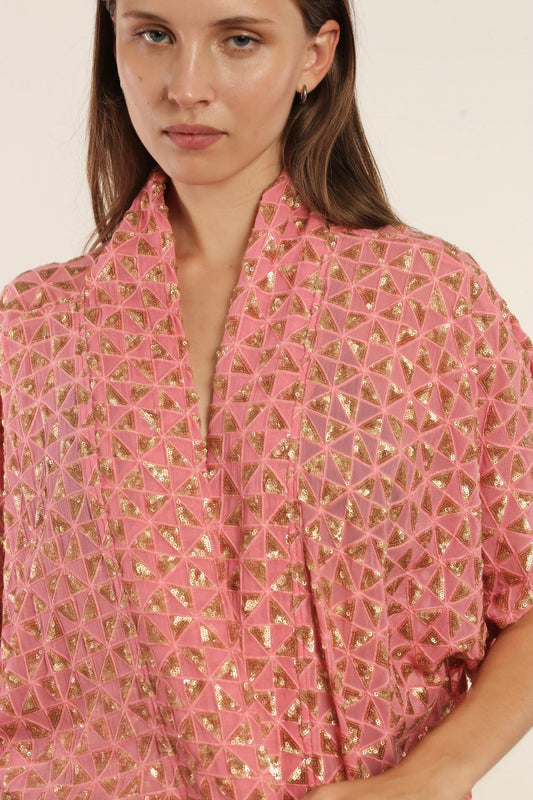 TRIANGLE GOLDEN PINK SILK KIMONO - BANGKOK TAILOR CLOTHING STORE - HANDMADE CLOTHING