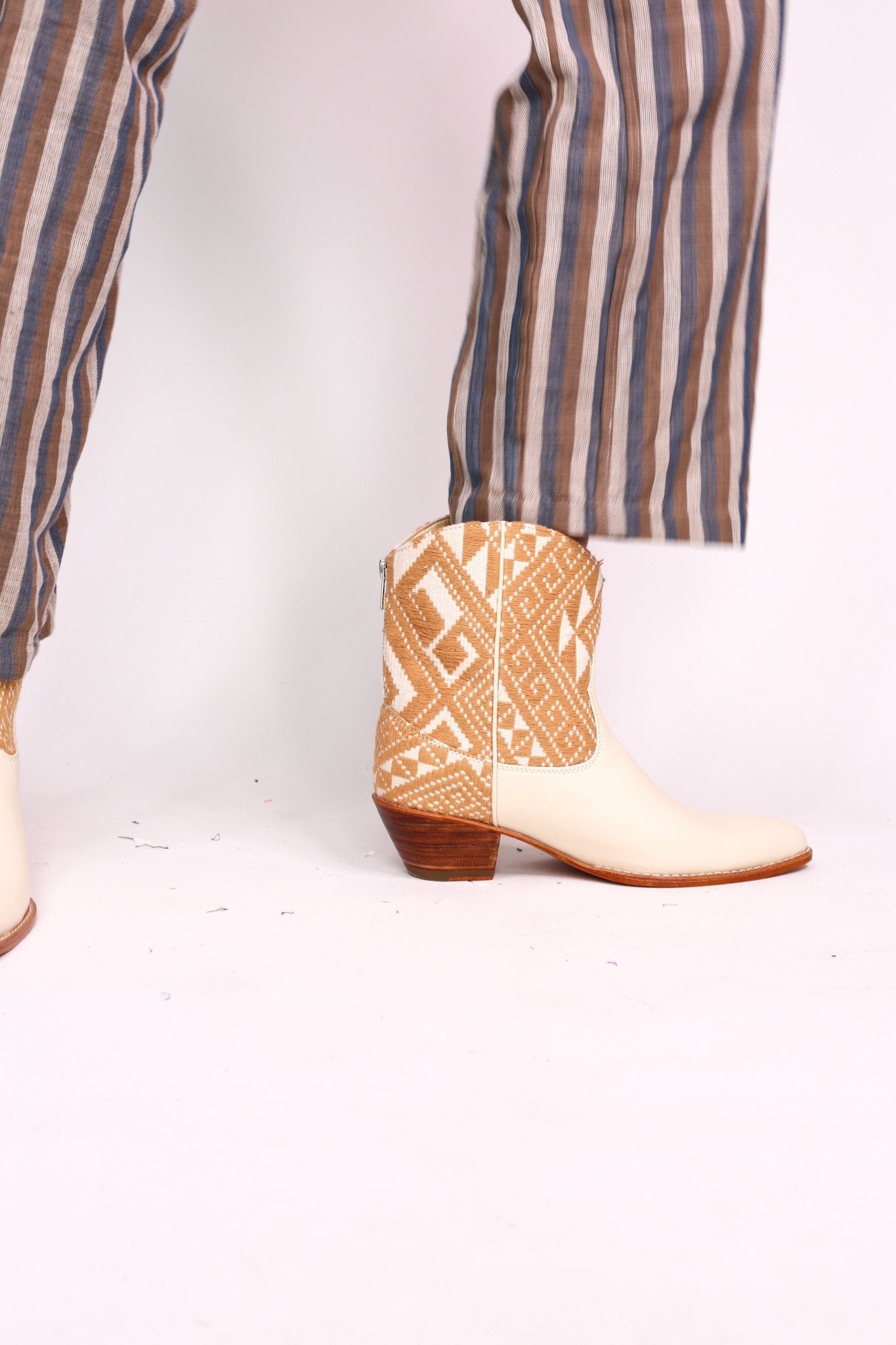 TRIBAL WOVEN LEATHER ANKLE BOOTS IVORY - BANGKOK TAILOR CLOTHING STORE - HANDMADE CLOTHING