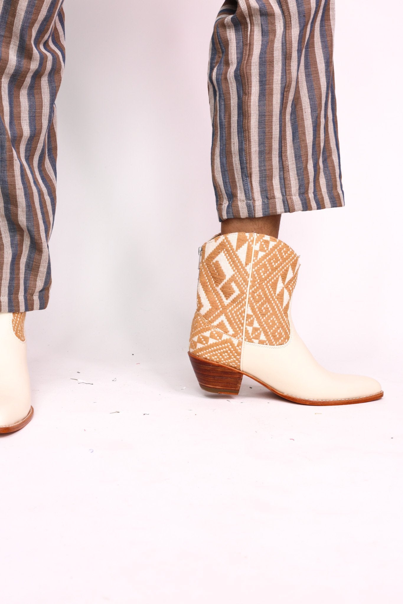 TRIBAL WOVEN LEATHER ANKLE BOOTS IVORY - BANGKOK TAILOR CLOTHING STORE - HANDMADE CLOTHING