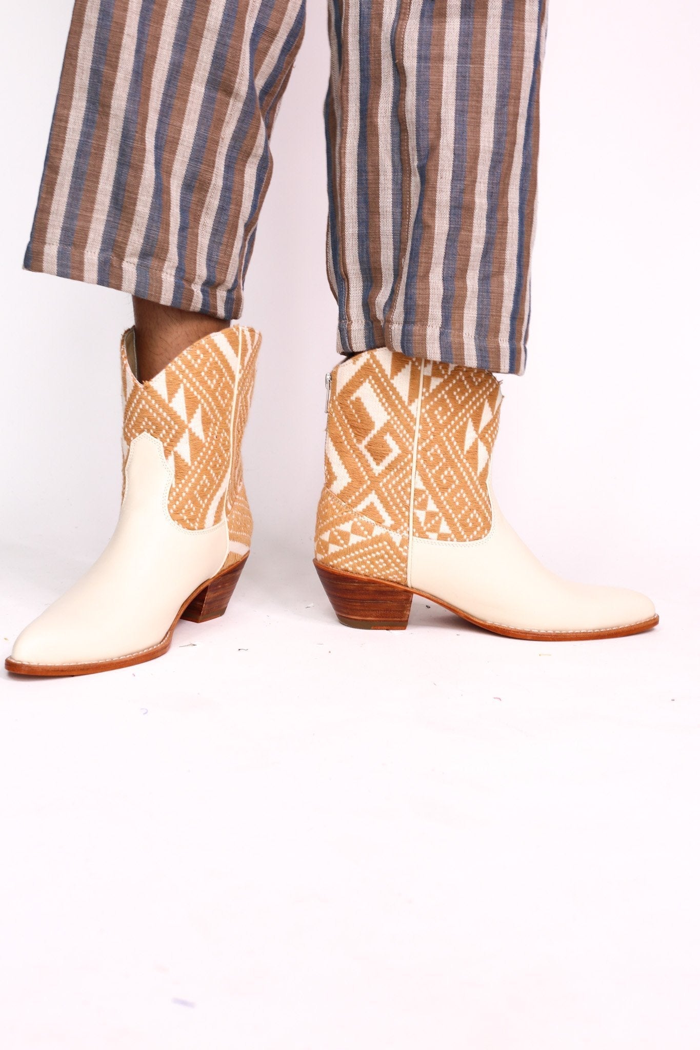 TRIBAL WOVEN LEATHER ANKLE BOOTS IVORY - BANGKOK TAILOR CLOTHING STORE - HANDMADE CLOTHING