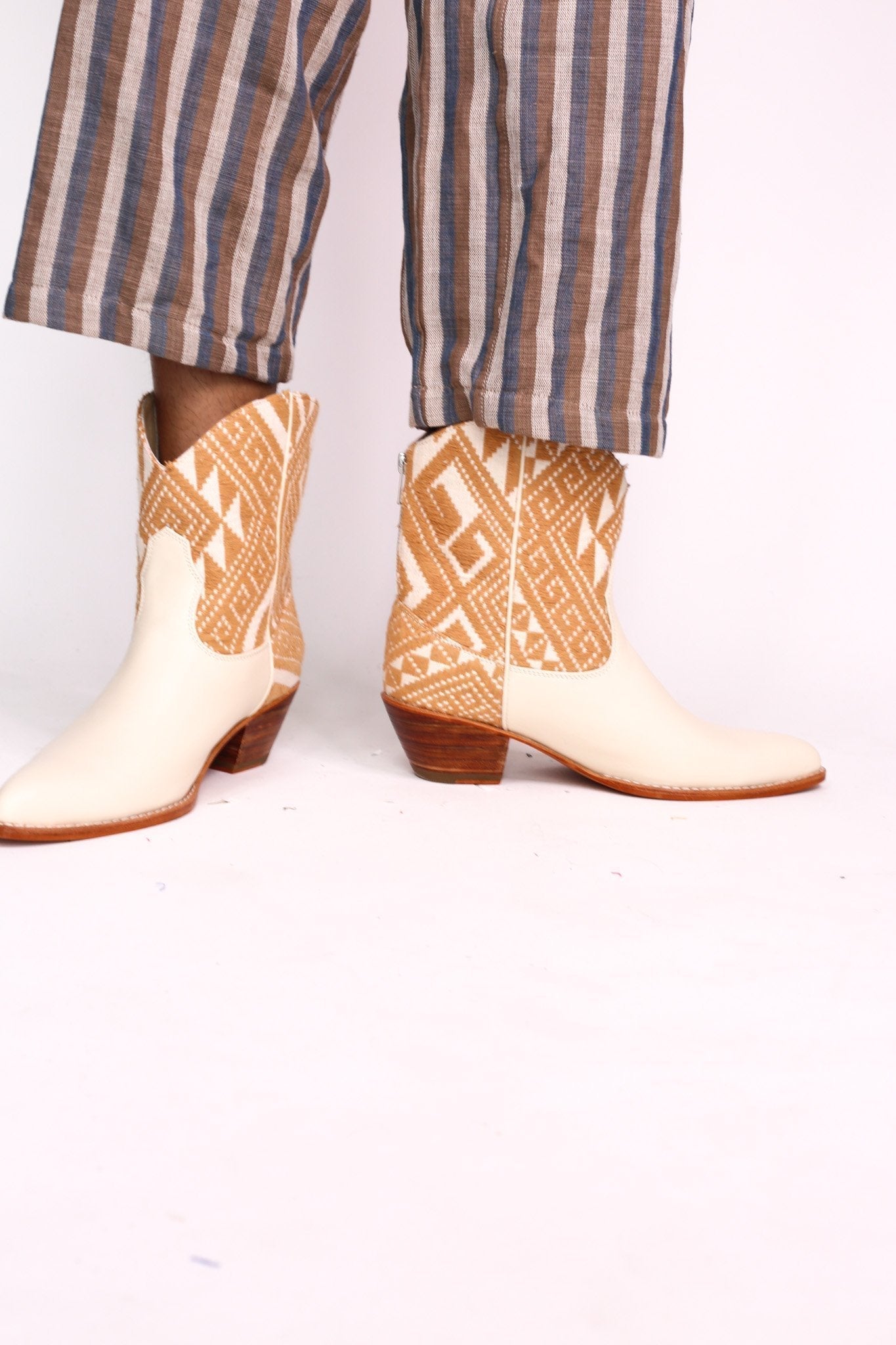 TRIBAL WOVEN LEATHER ANKLE BOOTS IVORY - BANGKOK TAILOR CLOTHING STORE - HANDMADE CLOTHING