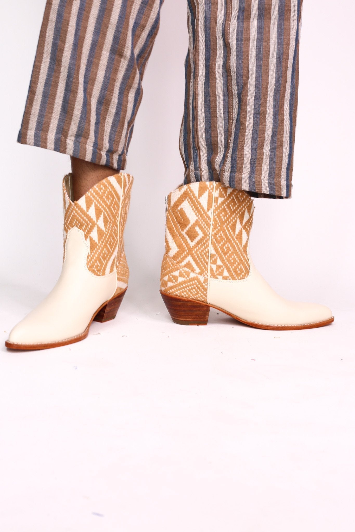 TRIBAL WOVEN LEATHER ANKLE BOOTS IVORY - BANGKOK TAILOR CLOTHING STORE - HANDMADE CLOTHING