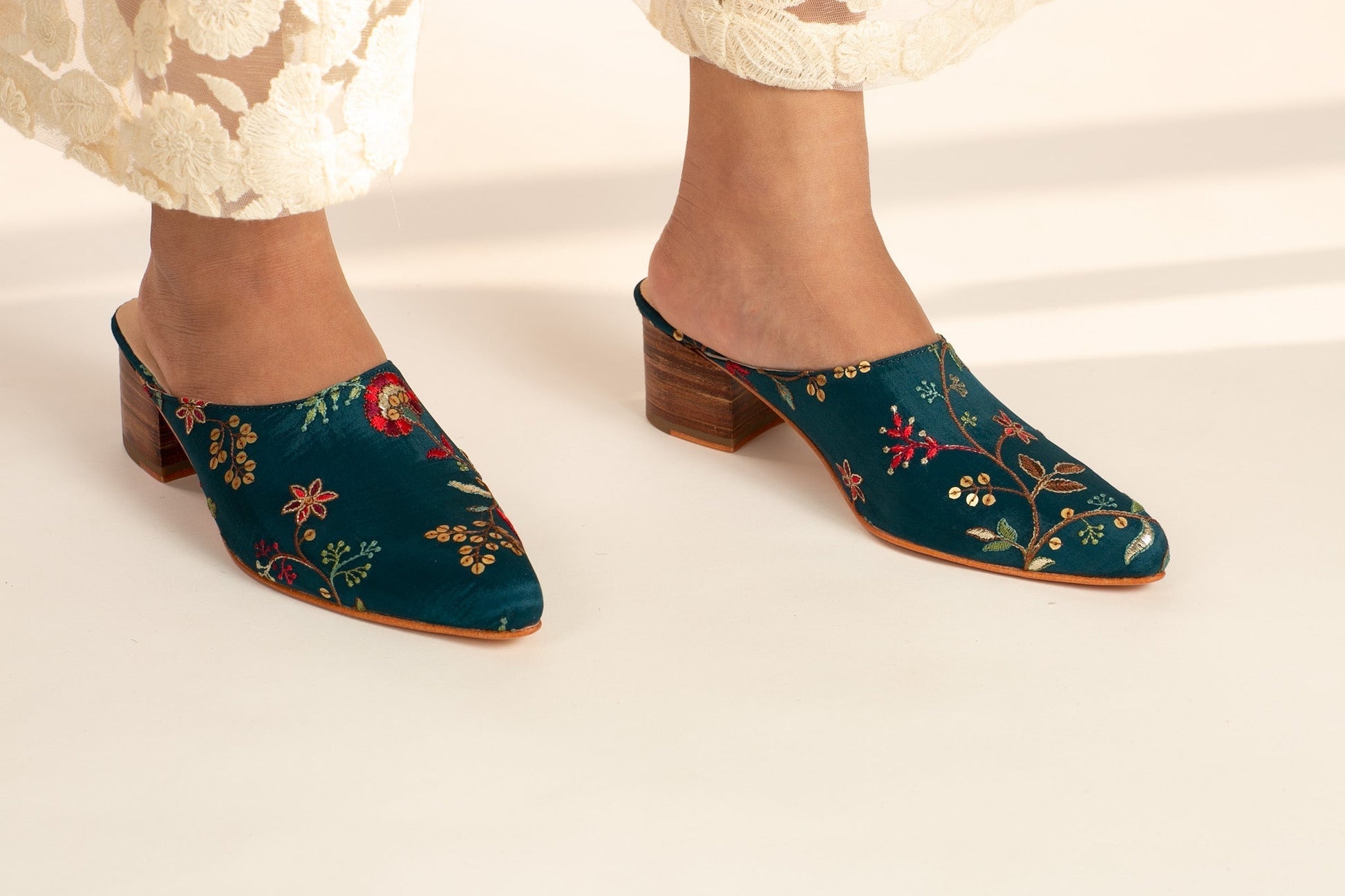 TURQUOISE HEELED MULES SANDRA - BANGKOK TAILOR CLOTHING STORE - HANDMADE CLOTHING