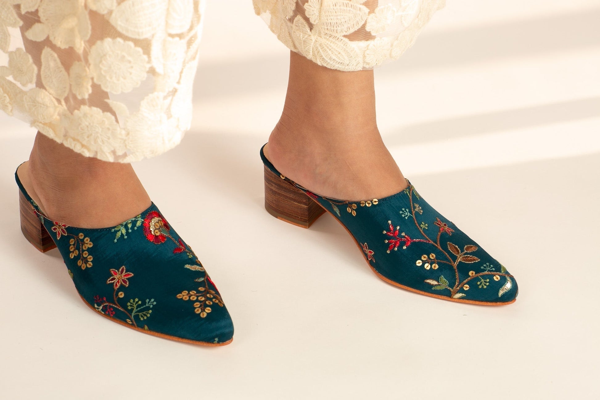 TURQUOISE HEELED MULES SANDRA - BANGKOK TAILOR CLOTHING STORE - HANDMADE CLOTHING