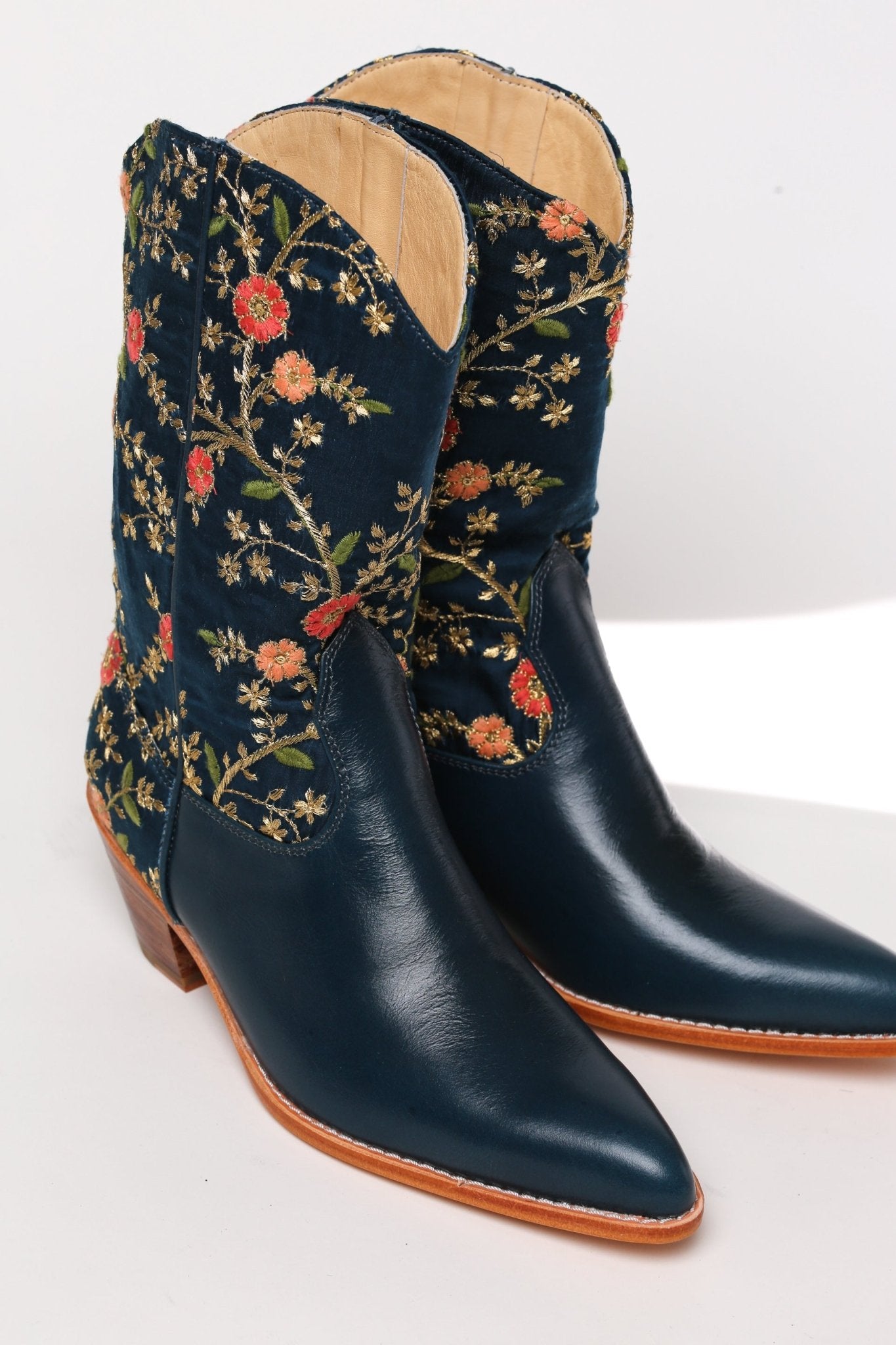 TURQUOISE LEATHER EMBROIDERED SILK BOOTS SONIA - BANGKOK TAILOR CLOTHING STORE - HANDMADE CLOTHING