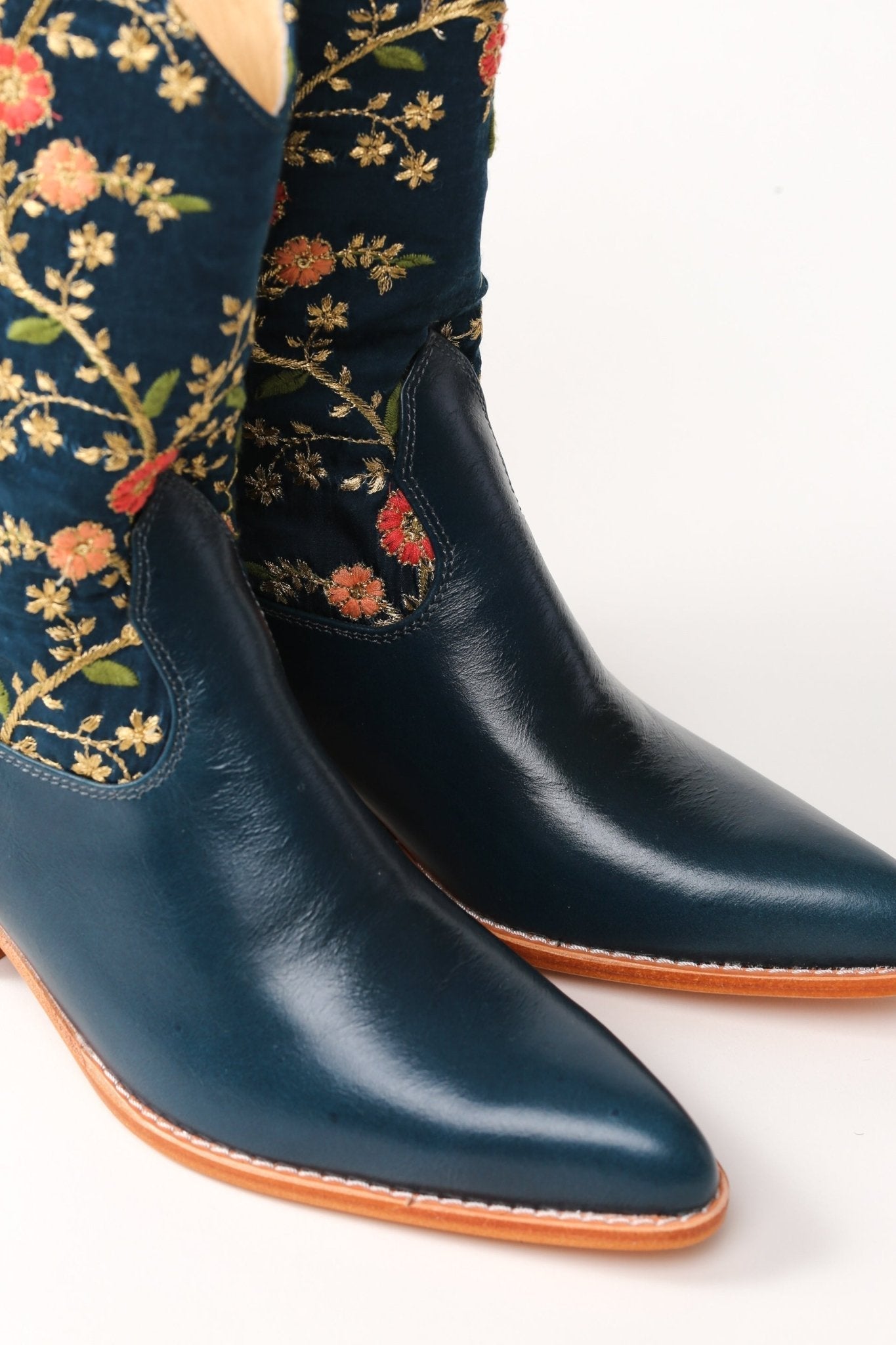 TURQUOISE LEATHER EMBROIDERED SILK BOOTS SONIA - BANGKOK TAILOR CLOTHING STORE - HANDMADE CLOTHING