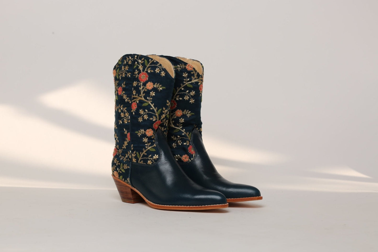 TURQUOISE LEATHER EMBROIDERED SILK BOOTS SONIA - BANGKOK TAILOR CLOTHING STORE - HANDMADE CLOTHING