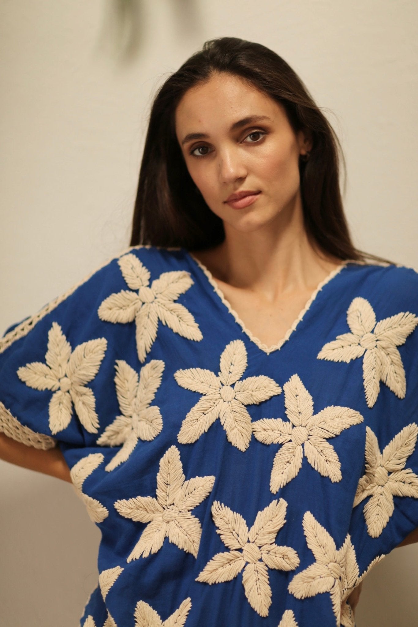 TYCHE BLUE DRESS FLOWER EMBROIDERED - BANGKOK TAILOR CLOTHING STORE - HANDMADE CLOTHING