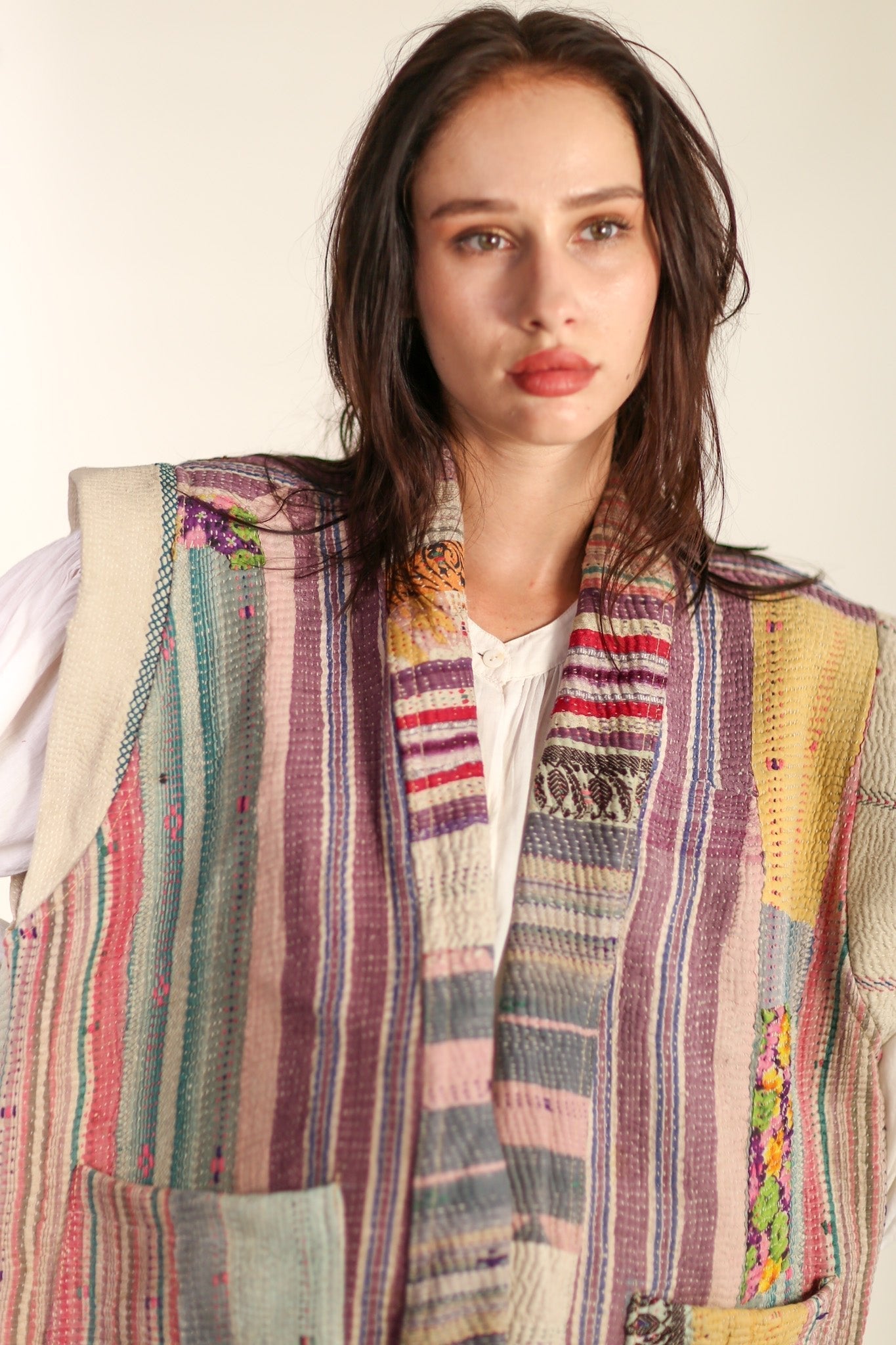 VINTAGE KANTHA QUILT VEST TINE - BANGKOK TAILOR CLOTHING STORE - HANDMADE CLOTHING