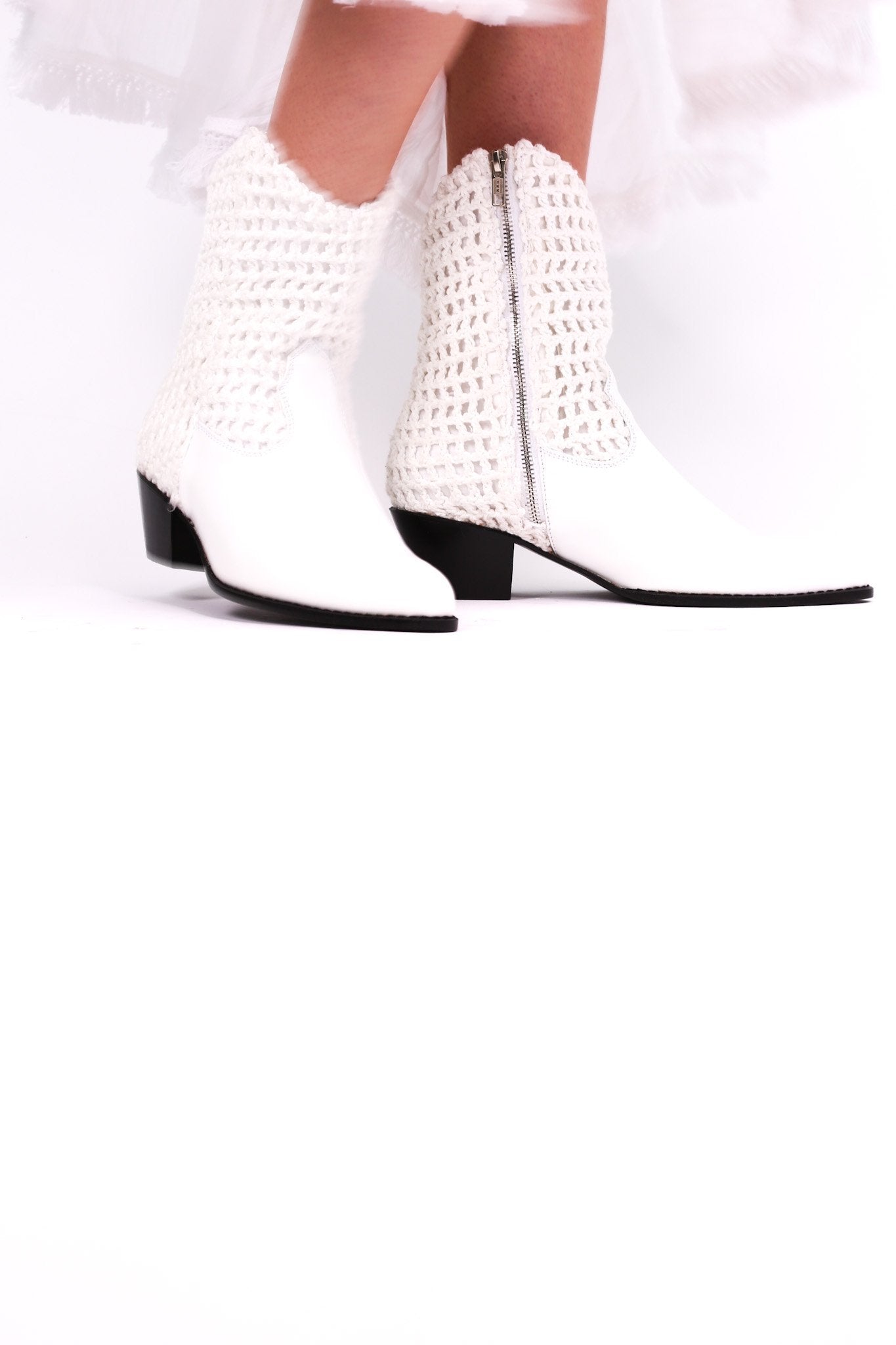 WHITE HAND CROCHET LEATHER ANKLE BOOTS NENNA - BANGKOK TAILOR CLOTHING STORE - HANDMADE CLOTHING