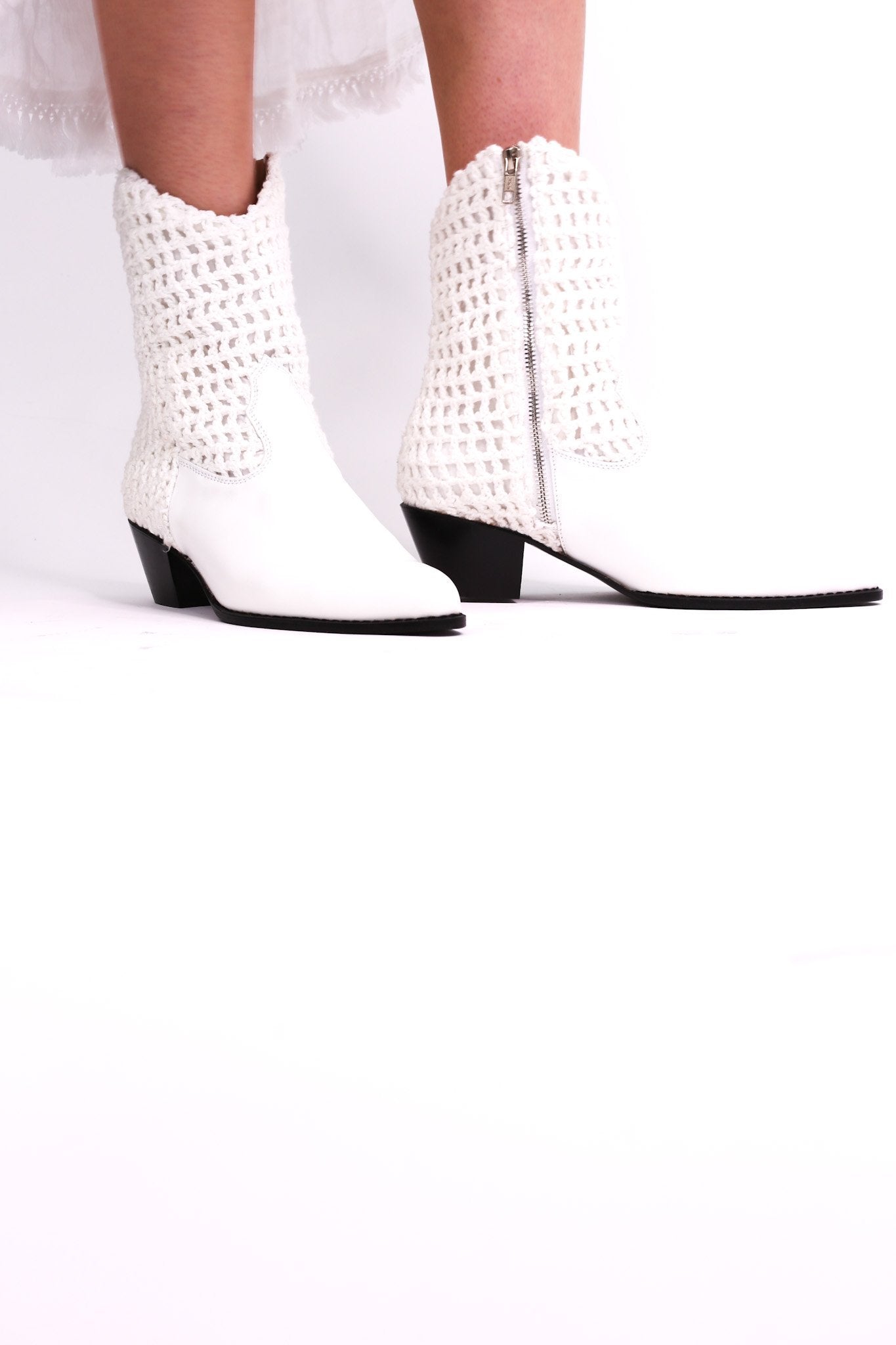 WHITE HAND CROCHET LEATHER ANKLE BOOTS NENNA - BANGKOK TAILOR CLOTHING STORE - HANDMADE CLOTHING